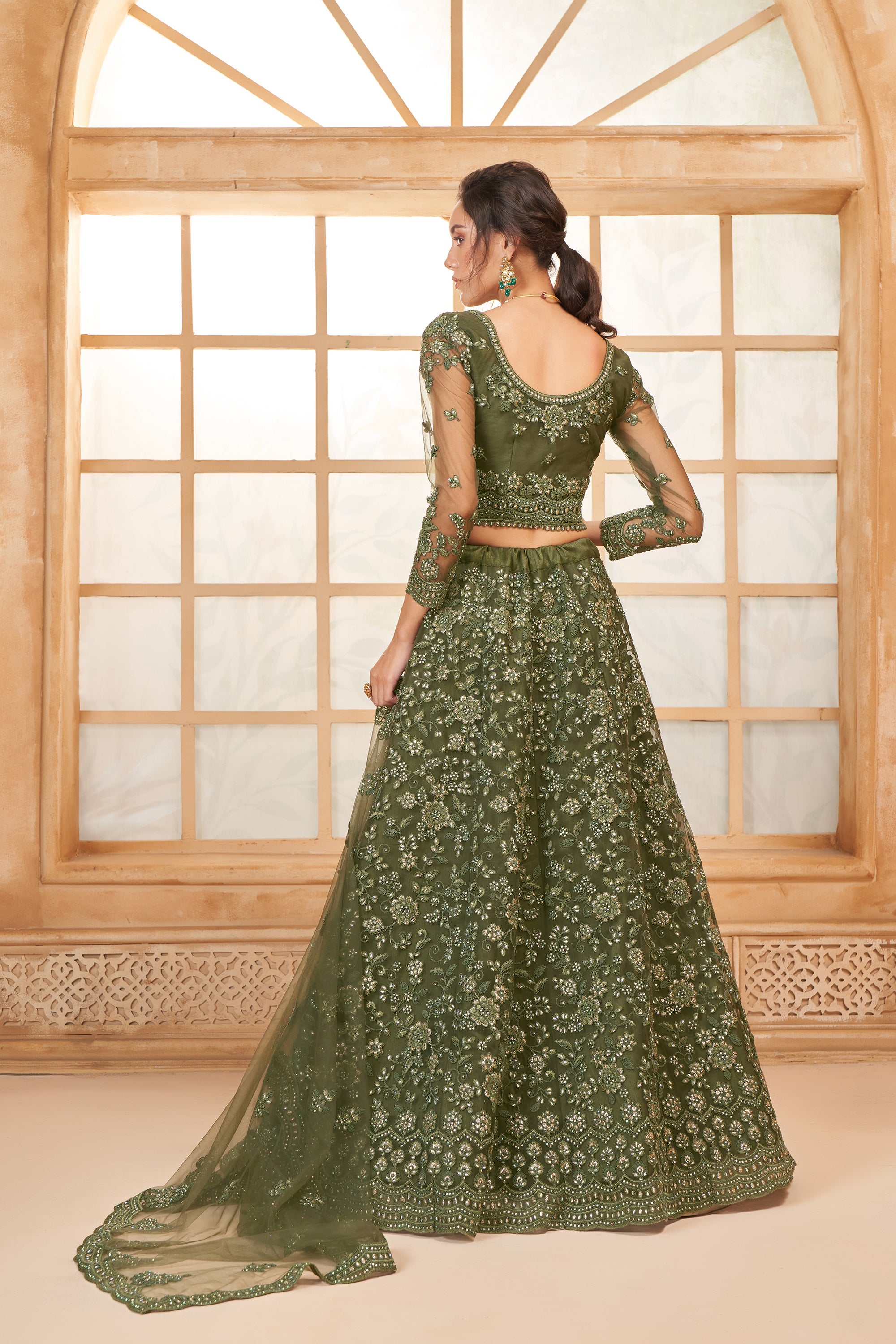 Olive Green Color Heavy Embroidered Net Lehenga Choli With Dupatta