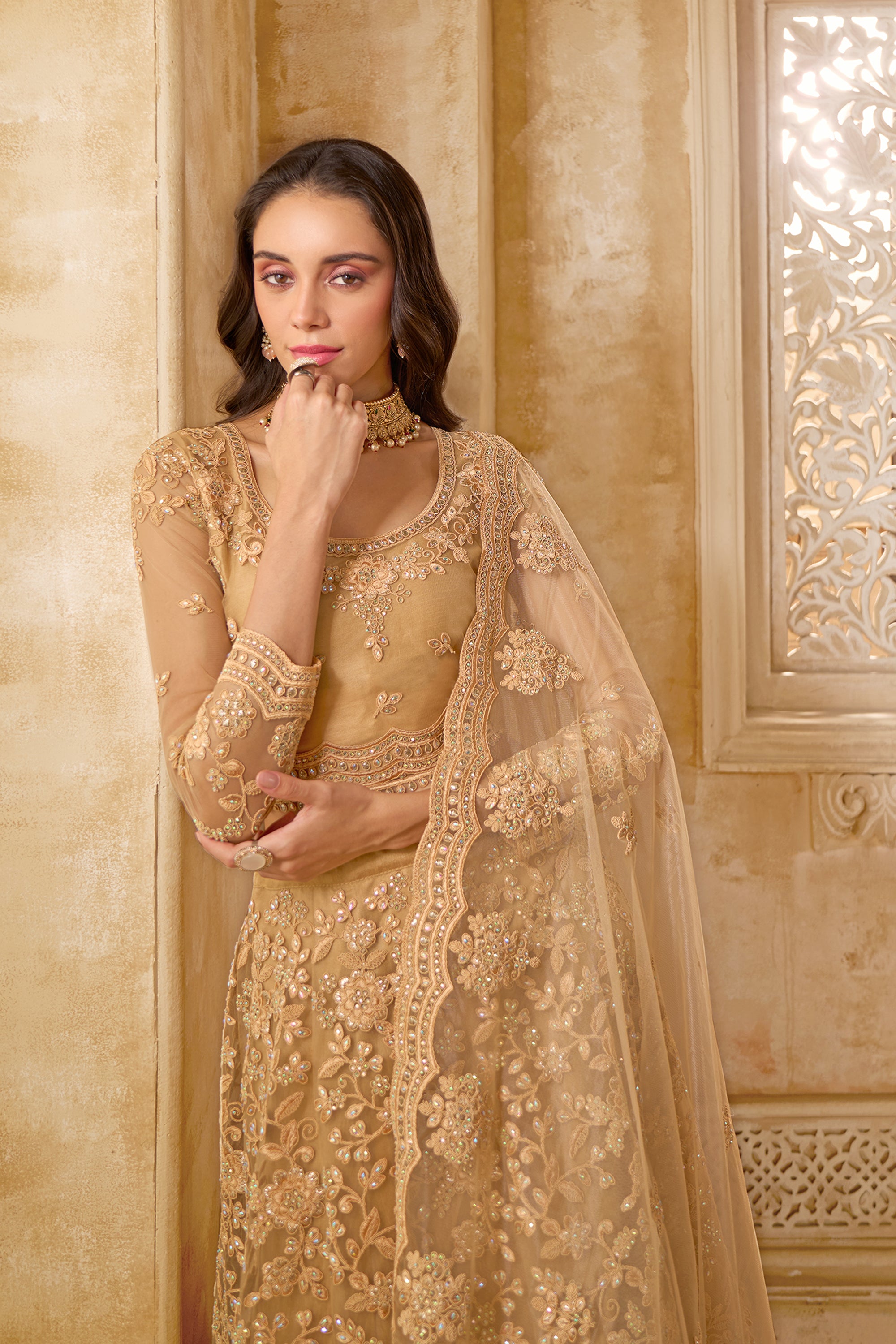 Golden Color Heavy Embroidered Net Lehenga Choli With Dupatta