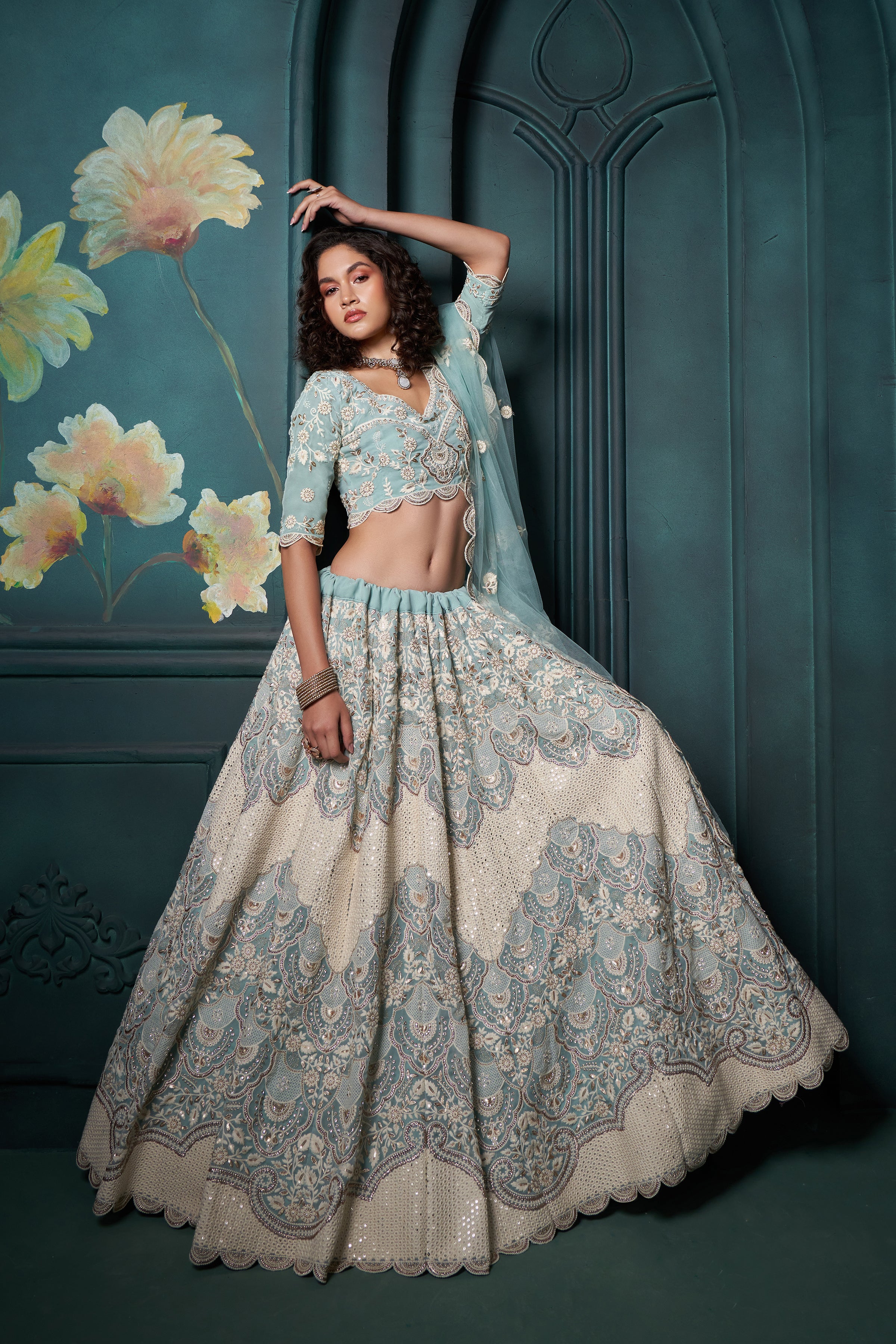 Powder Blue Embroidered Heavy Designer Lehenga Choli