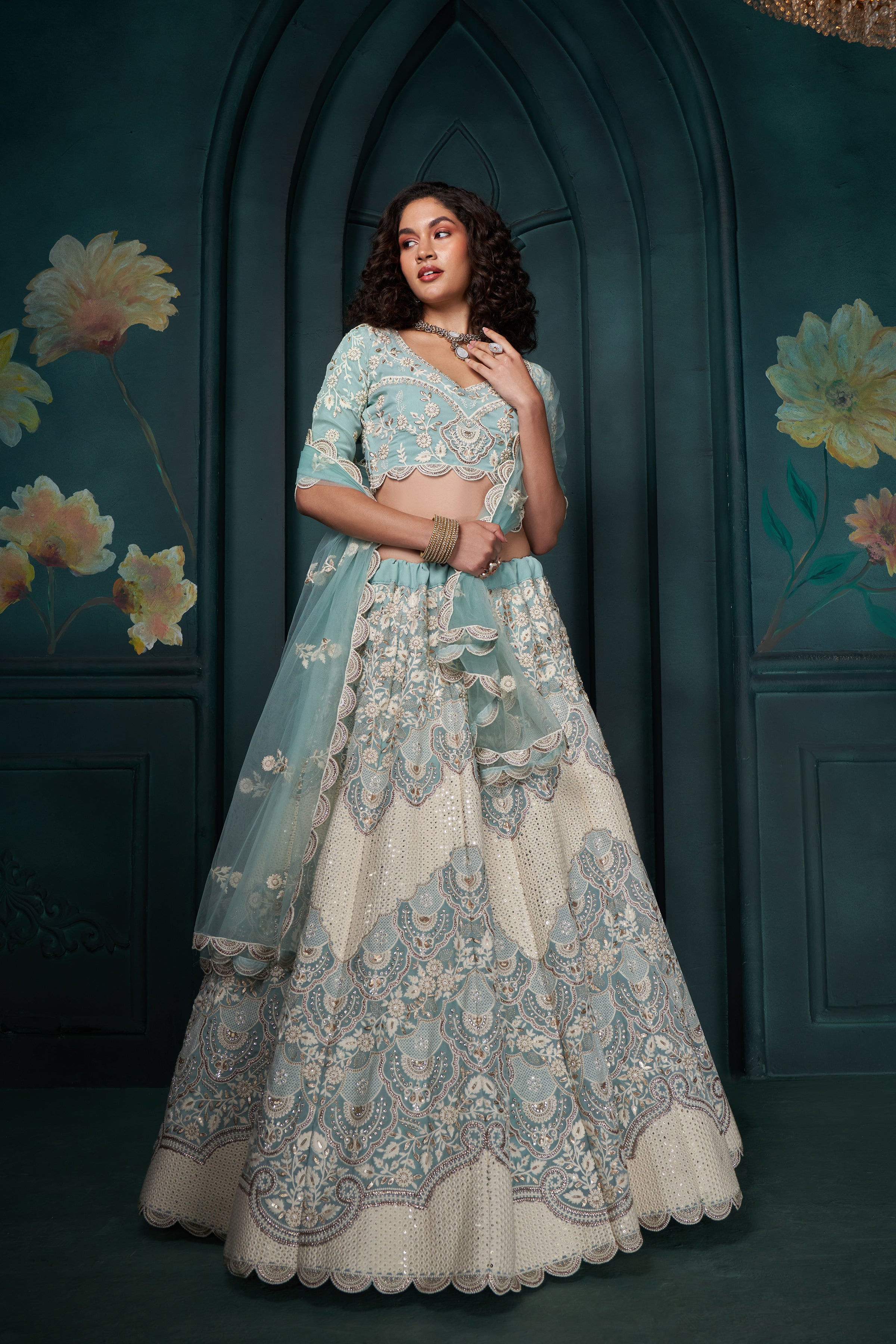 Powder Blue Embroidered Heavy Designer Lehenga Choli