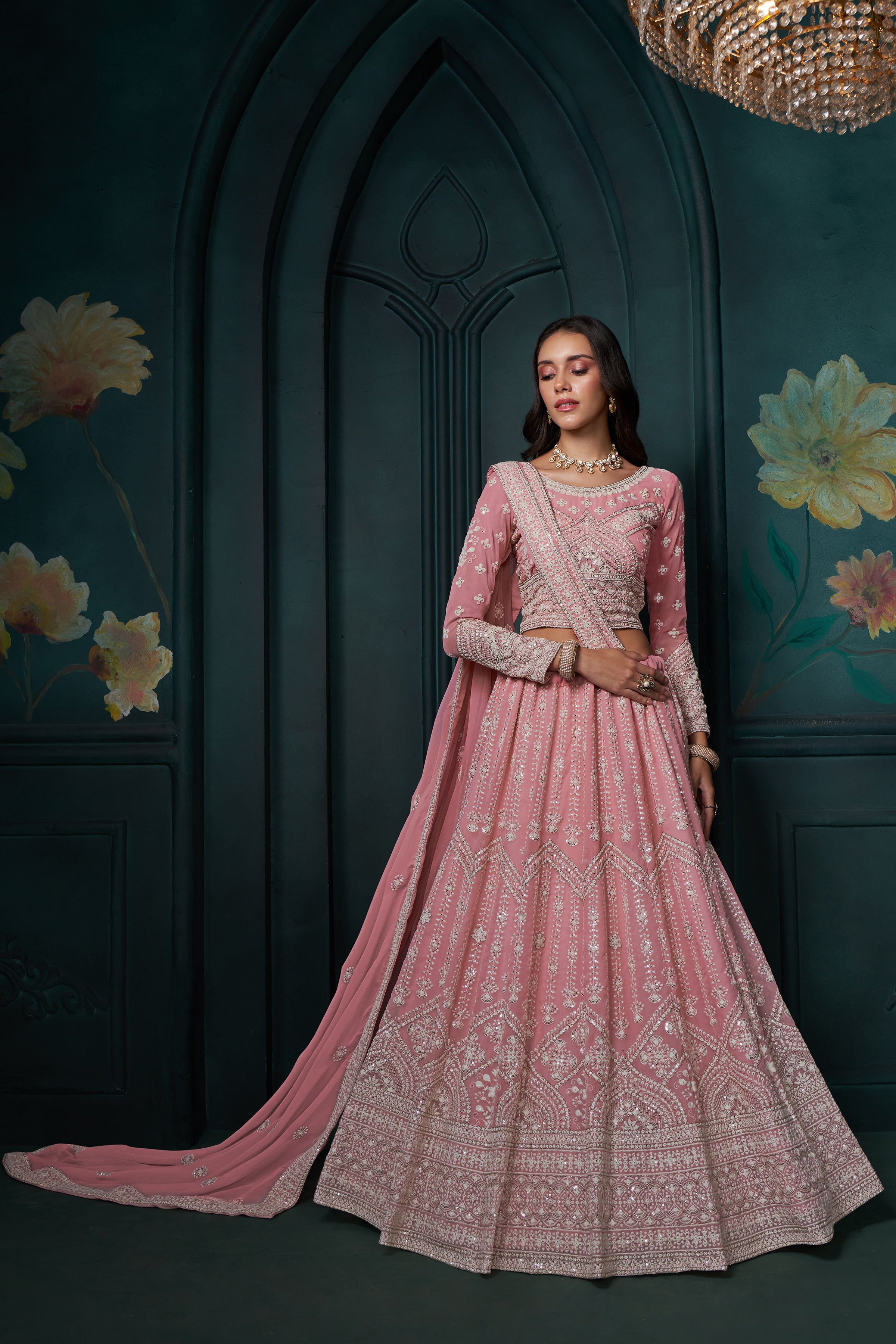 Baby Pink Heavy Embroidered Wedding Lehenga Choli