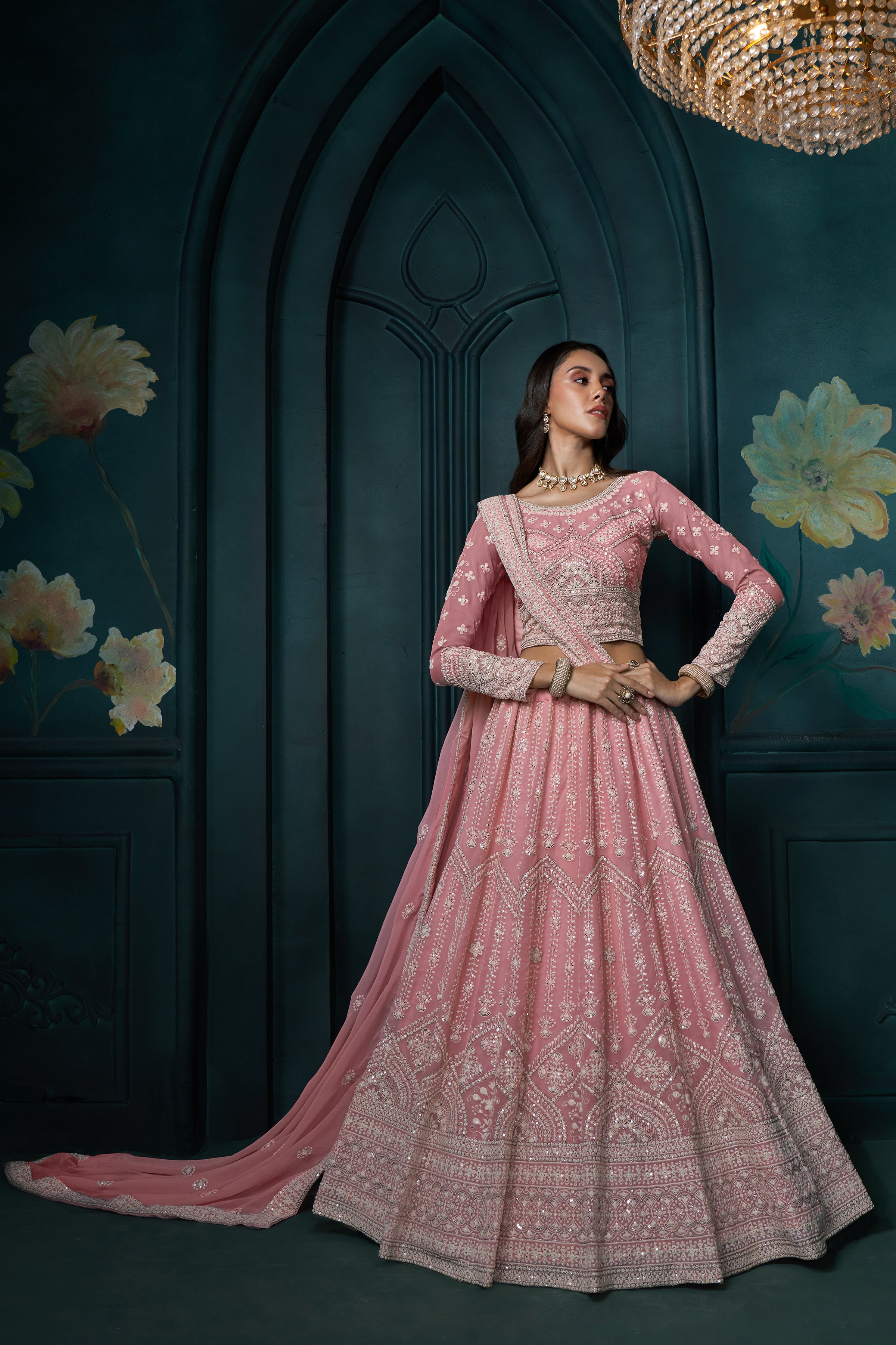 Baby Pink Heavy Embroidered Wedding Lehenga Choli