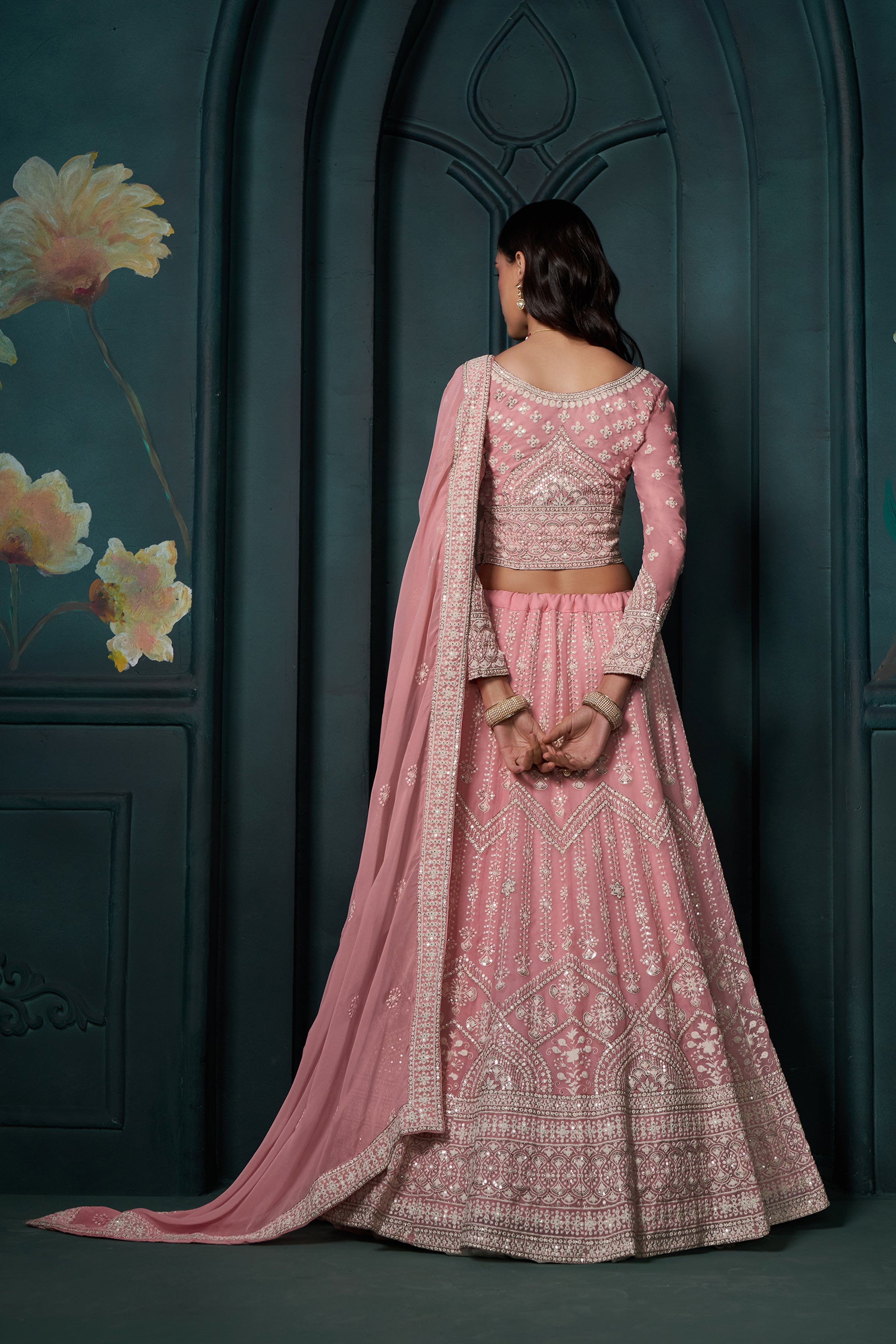 Baby Pink Heavy Embroidered Wedding Lehenga Choli