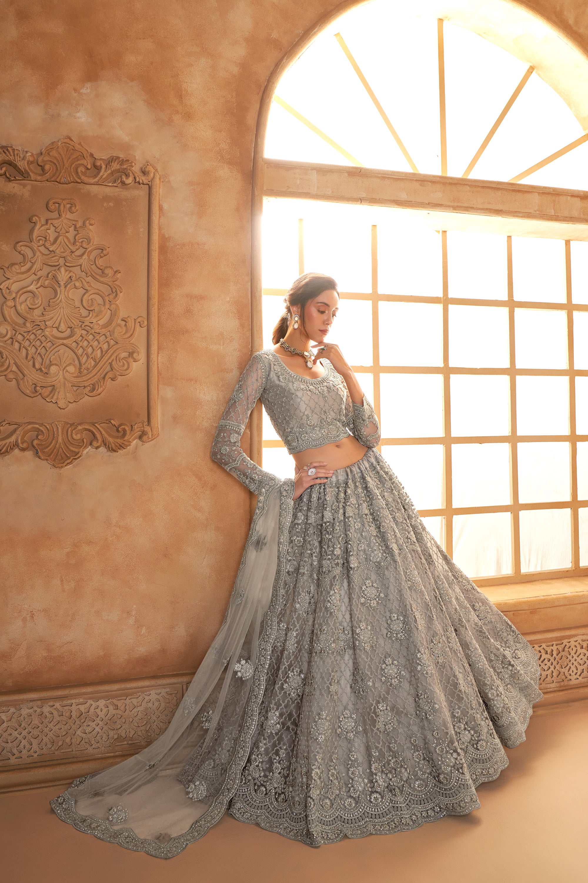 Grey Color Heavy Embroidered Net Lehenga Choli With Dupatta