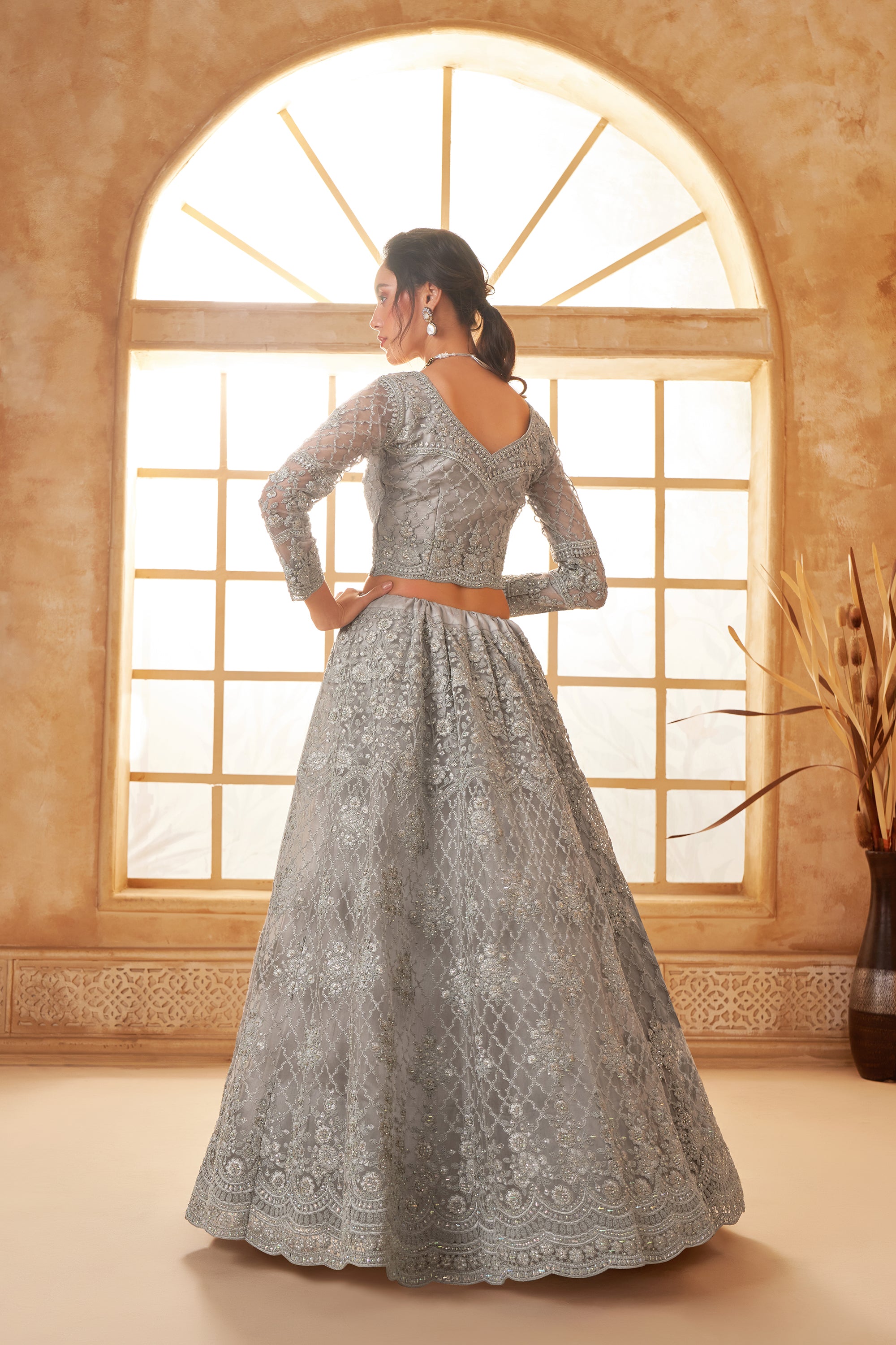 Grey Color Heavy Embroidered Net Lehenga Choli With Dupatta