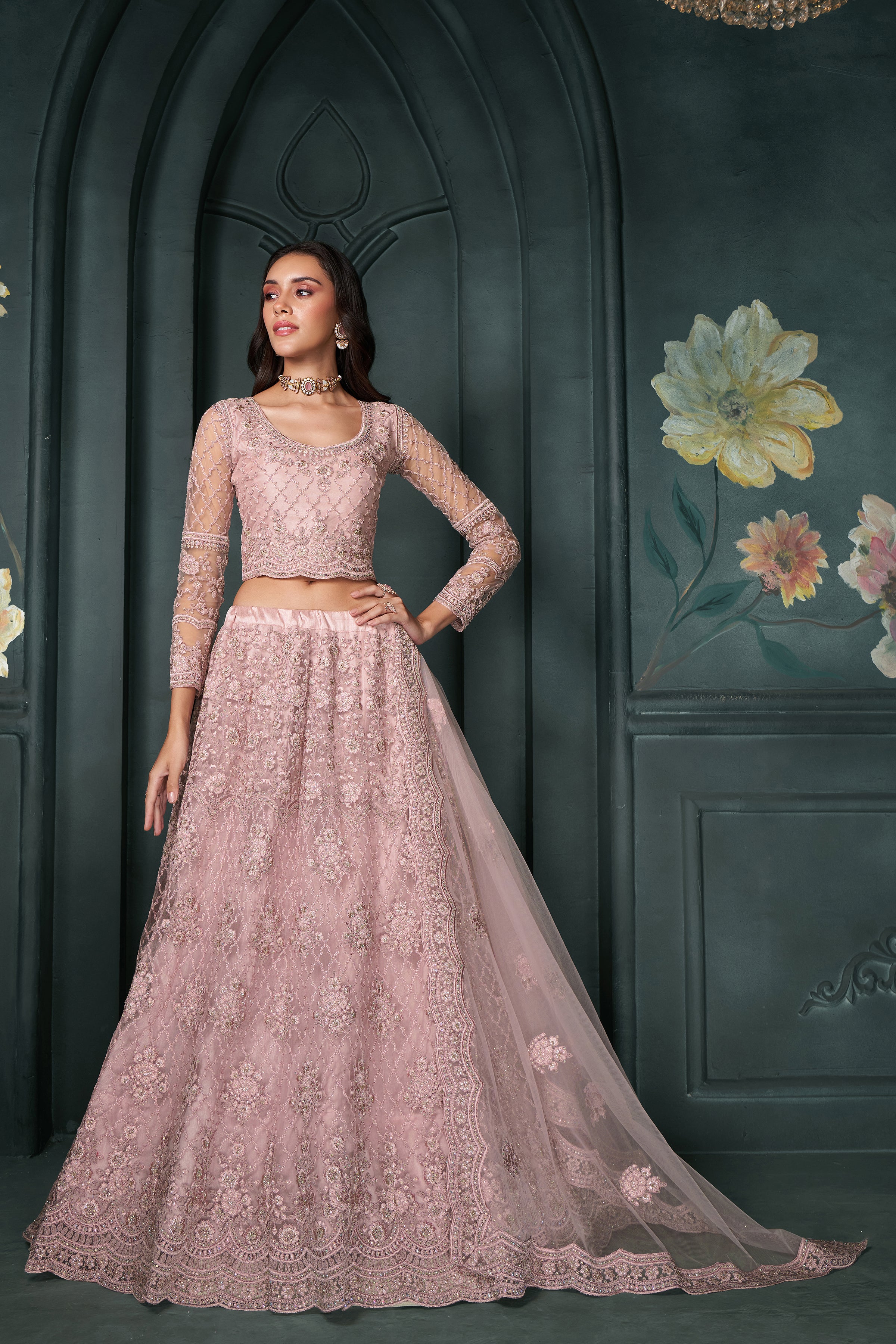 Blush Pink Heavy Embroidered Net Lehenga Choli