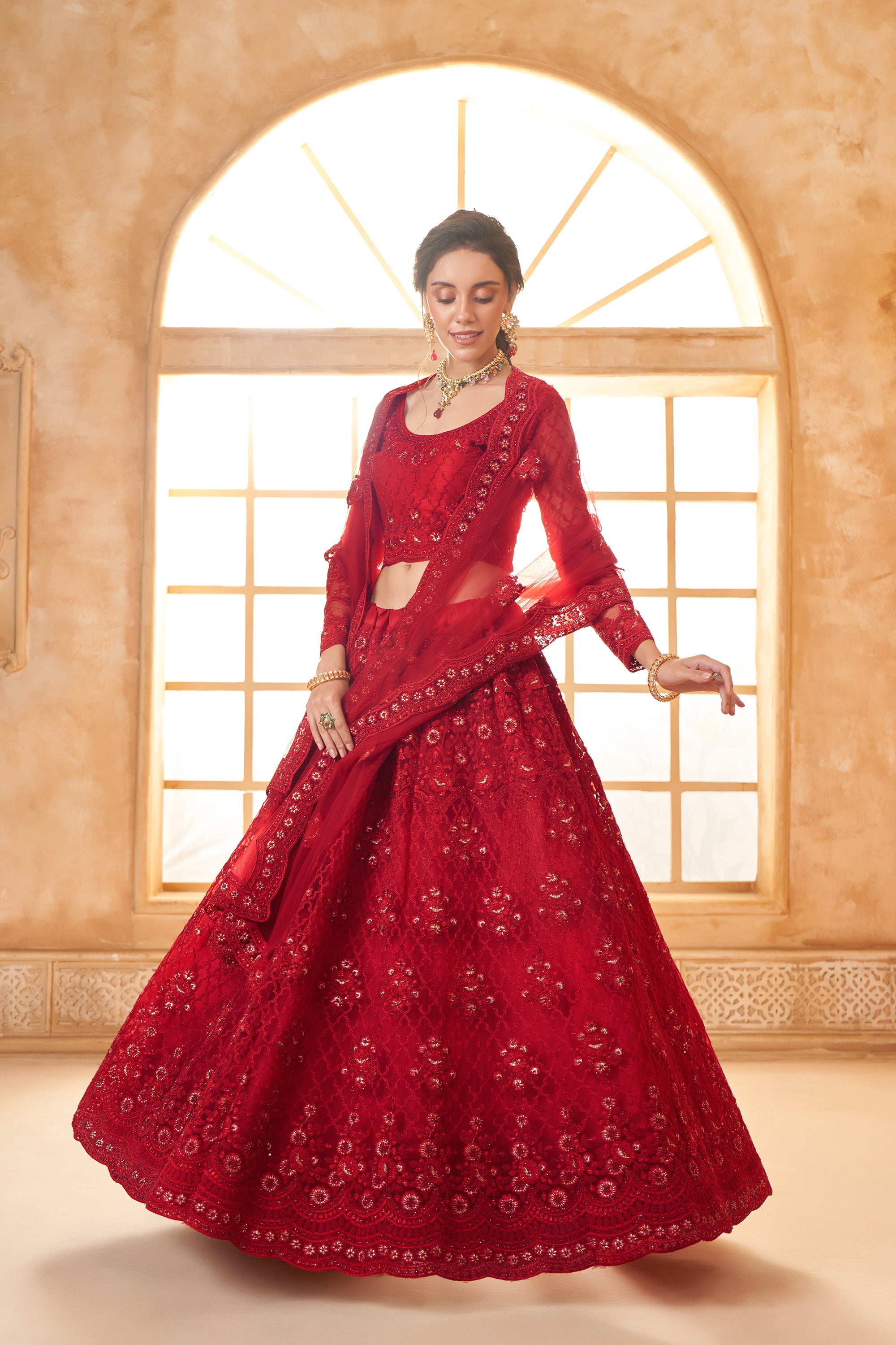 Red Color Heavy Embroidered Net Lehenga Choli With Dupatta