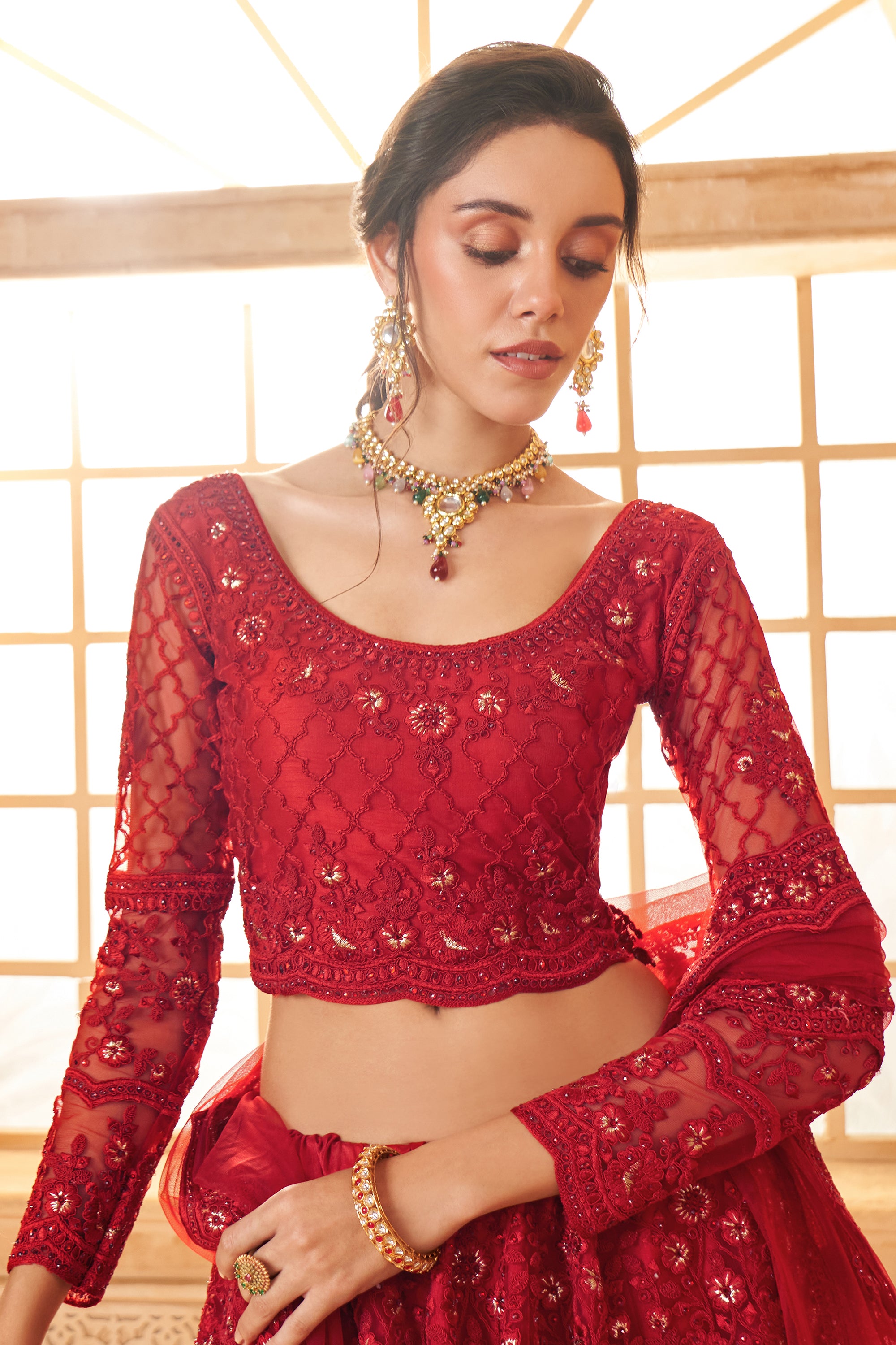 Red Color Heavy Embroidered Net Lehenga Choli With Dupatta