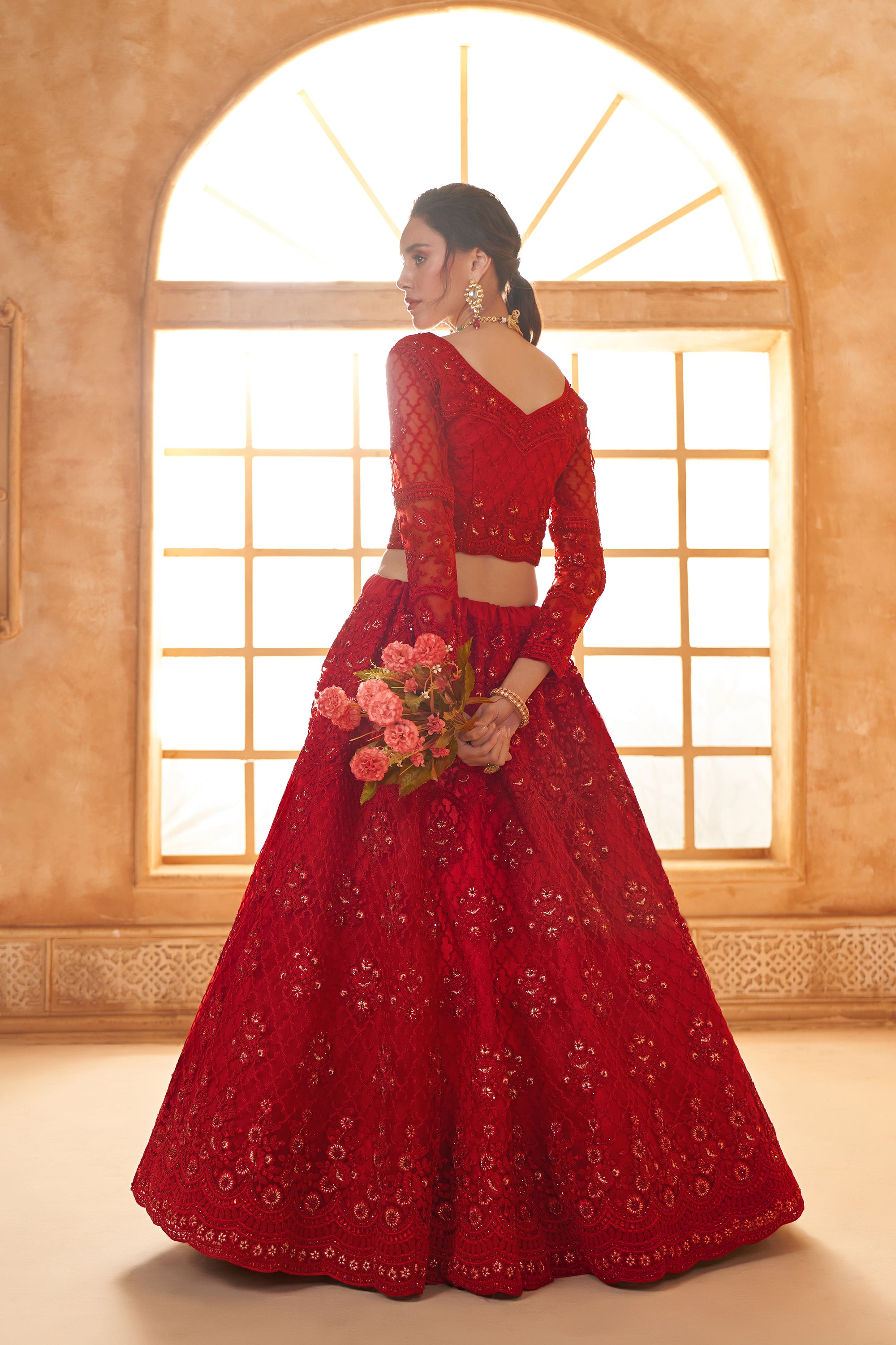 Red Color Heavy Embroidered Net Lehenga Choli With Dupatta