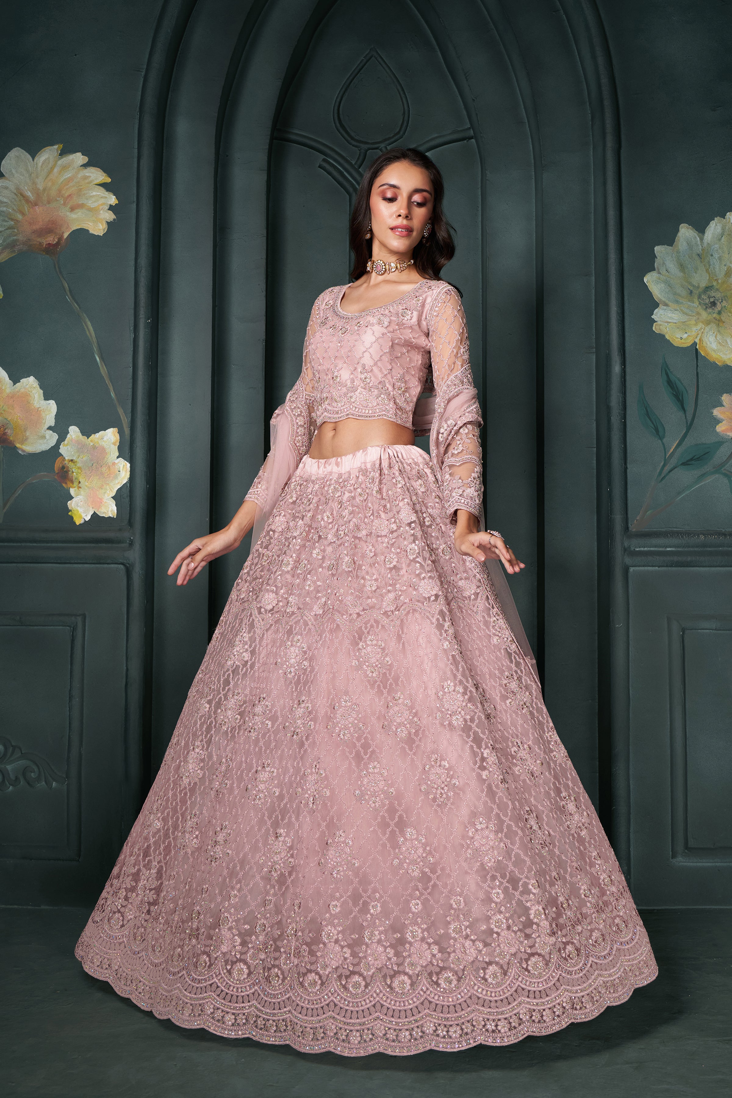 Blush Pink Heavy Embroidered Net Lehenga Choli