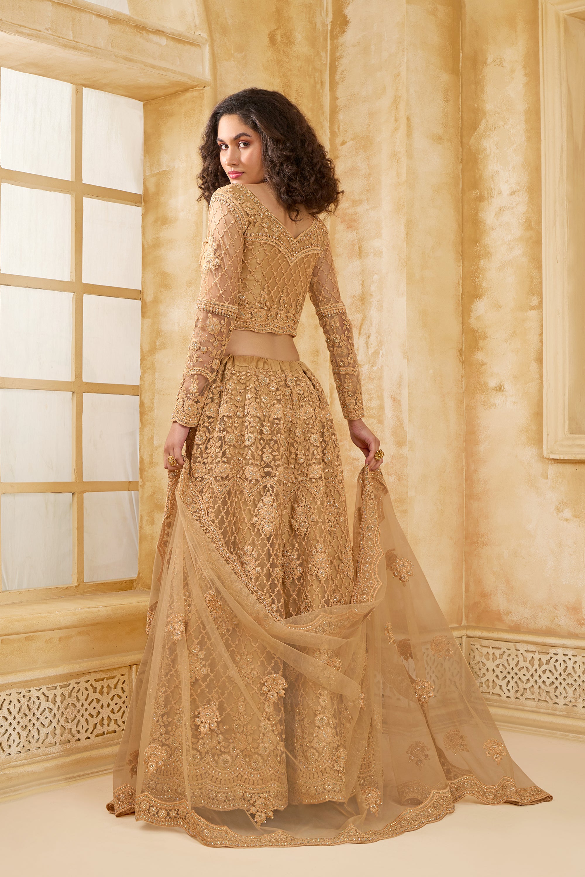 Golden Color Heavy Embroidered Net Lehenga Choli With Dupatta