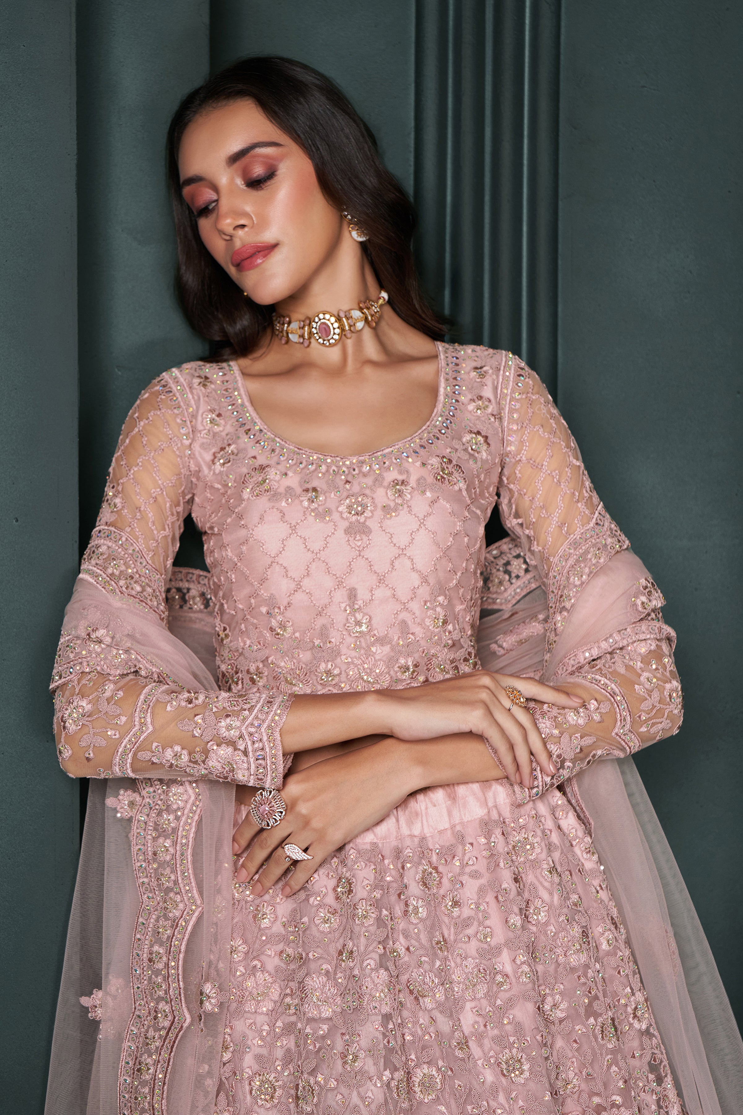 Blush Pink Heavy Embroidered Net Lehenga Choli