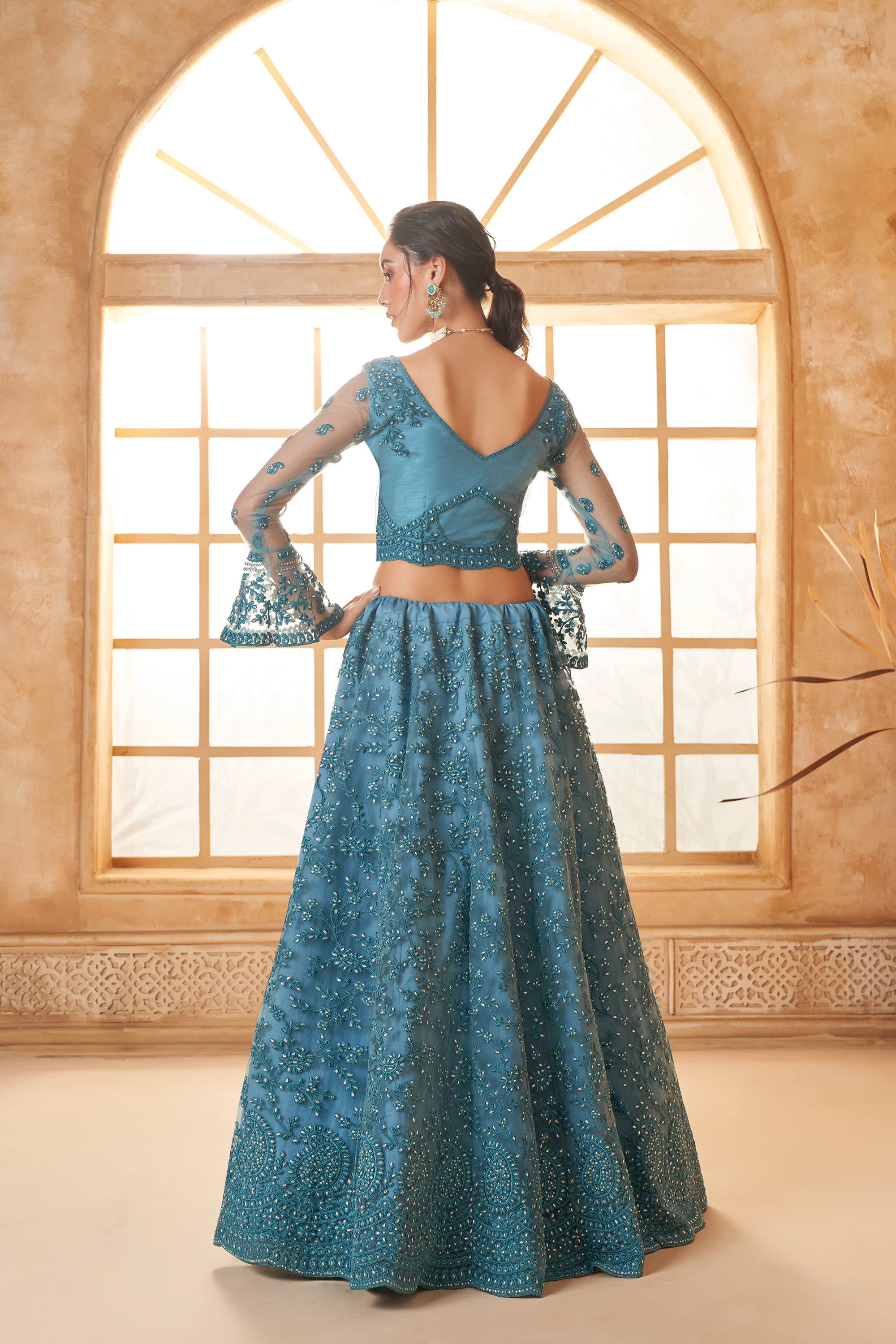 Sea Blue Color Heavy Embroidered Net Lehenga Choli With Dupatta