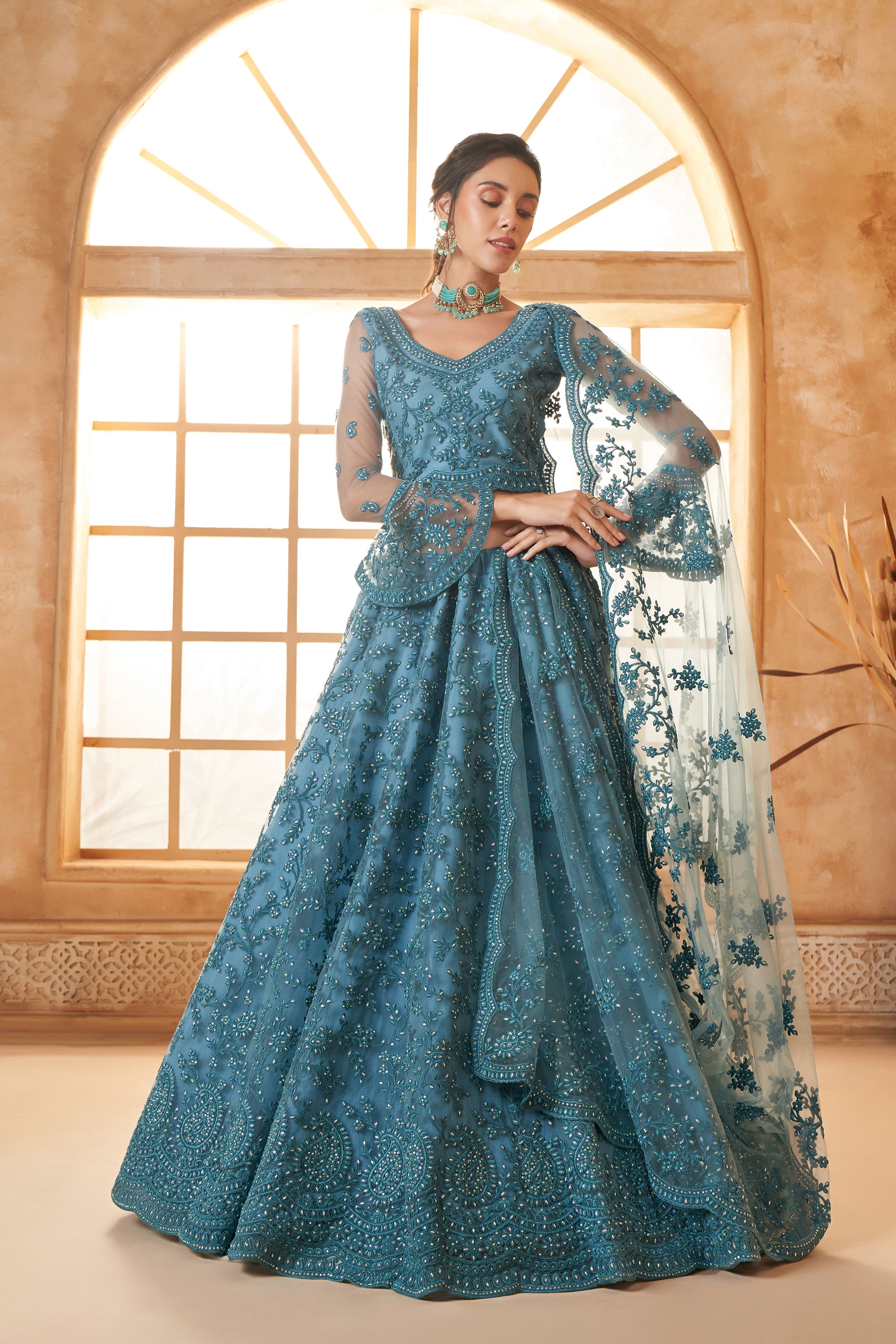 Sea Blue Color Heavy Embroidered Net Lehenga Choli With Dupatta