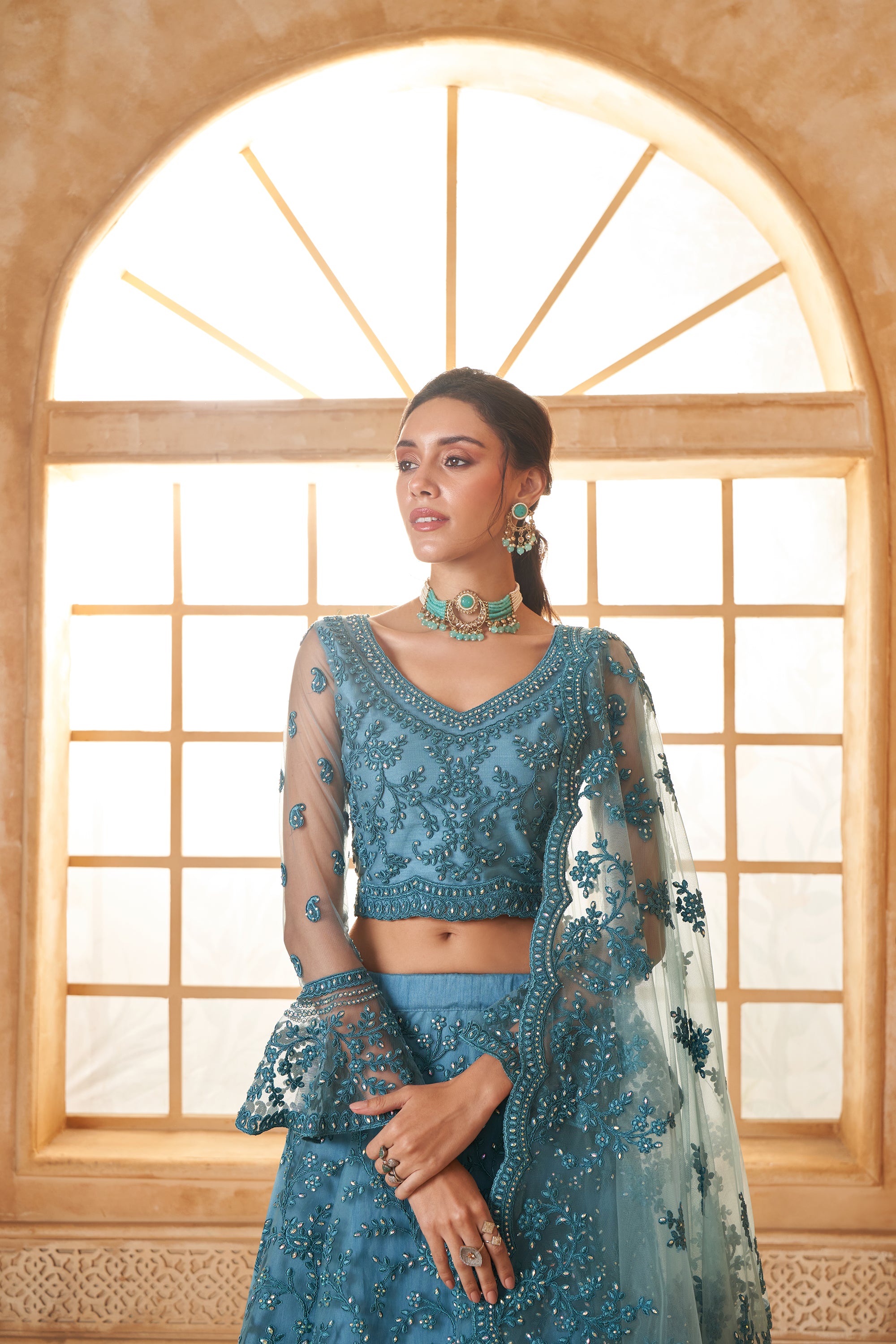 Sea Blue Color Heavy Embroidered Net Lehenga Choli With Dupatta