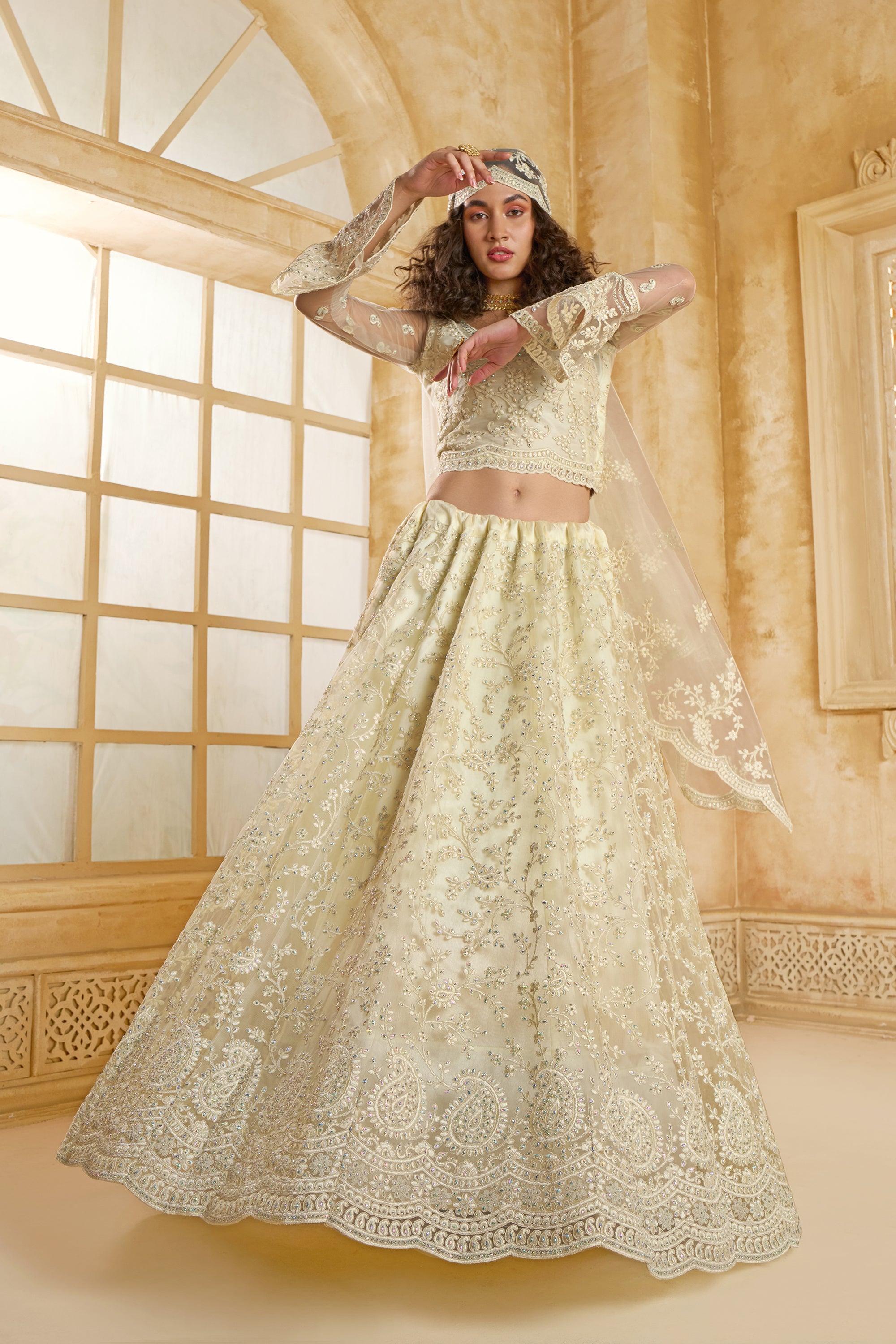 Ivory Color Heavy Embroidered Net Lehenga Choli With Dupatta