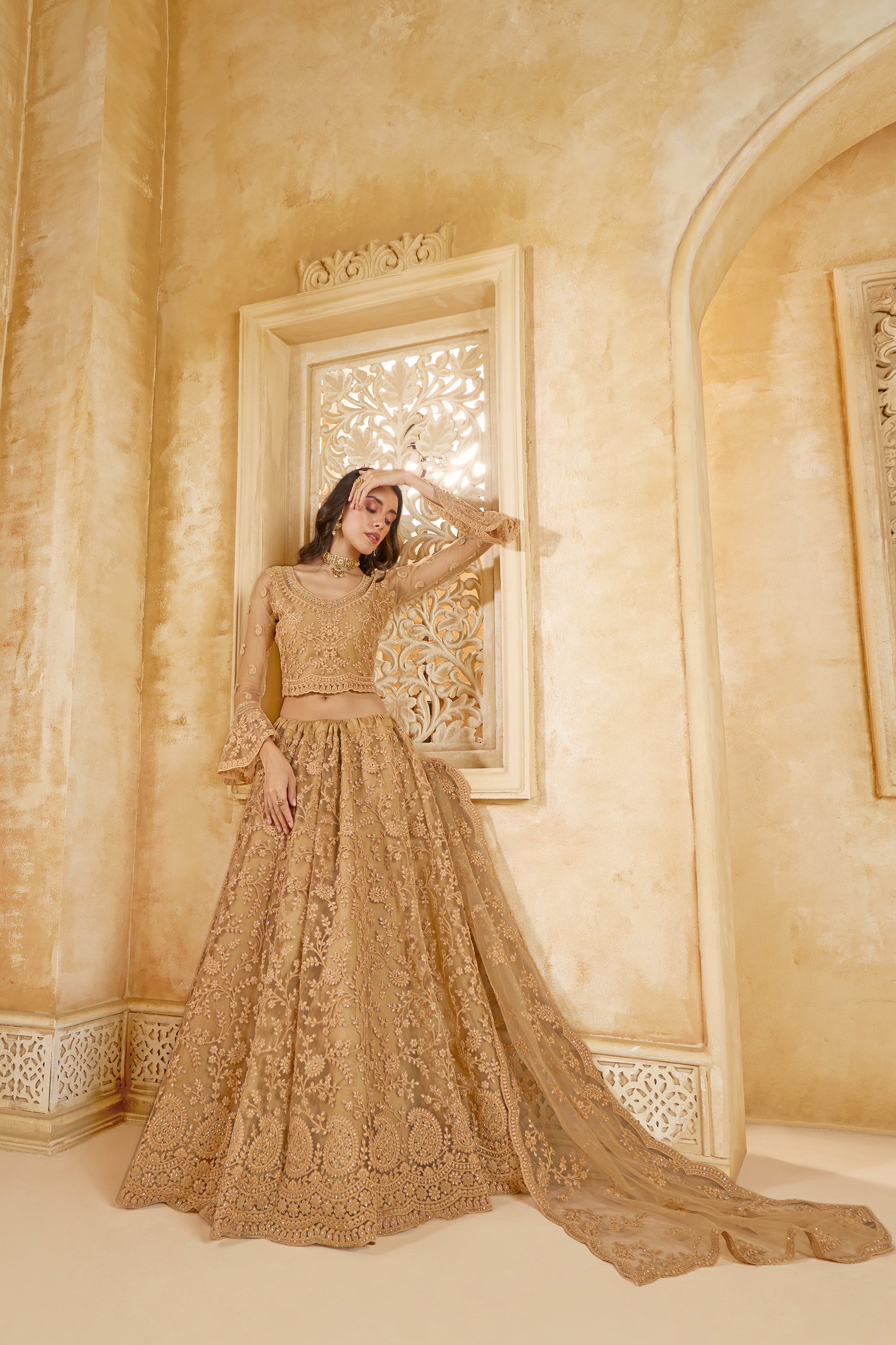 Golden Color Heavy Embroidered Net Lehenga Choli With Dupatta