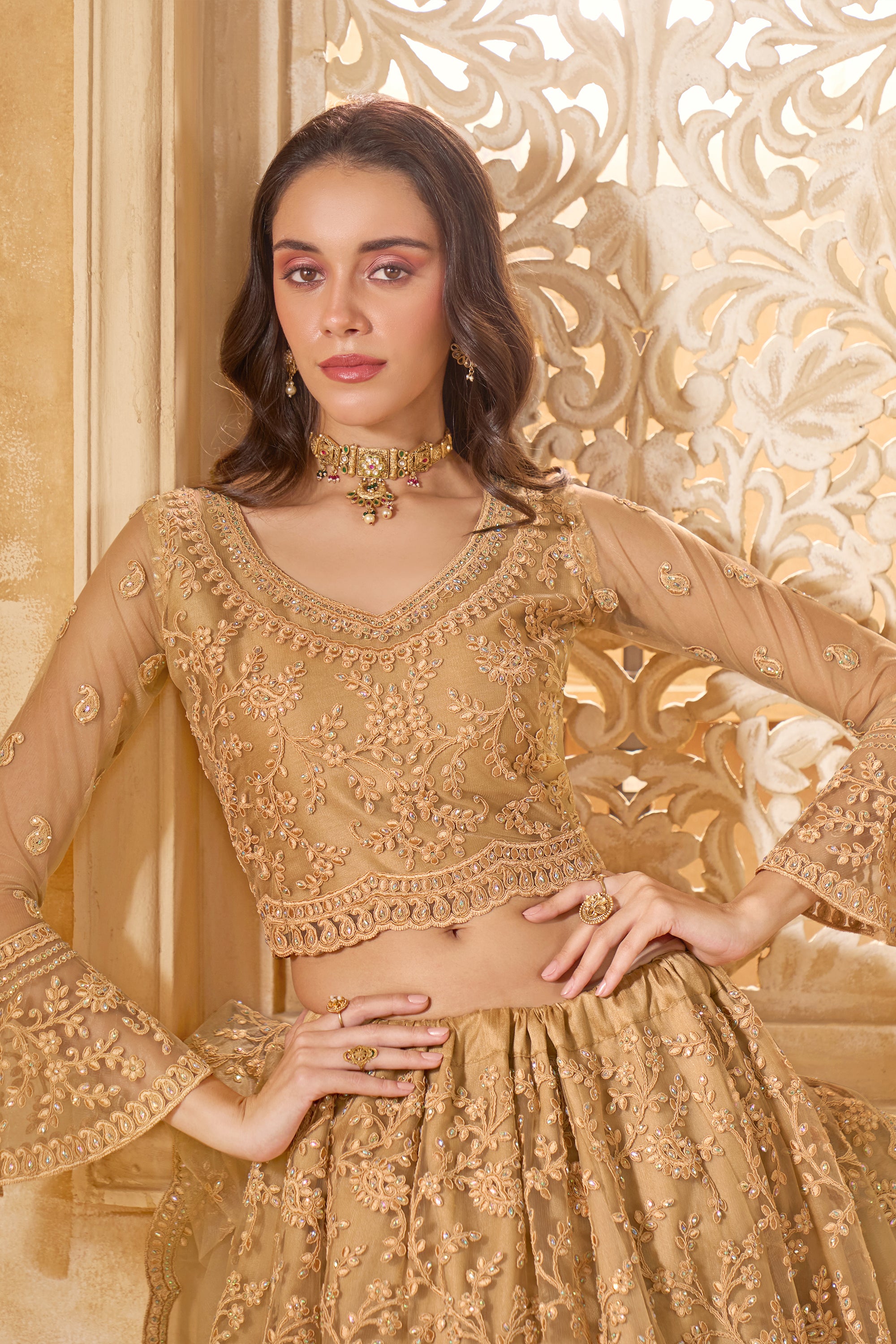 Golden Color Heavy Embroidered Net Lehenga Choli With Dupatta