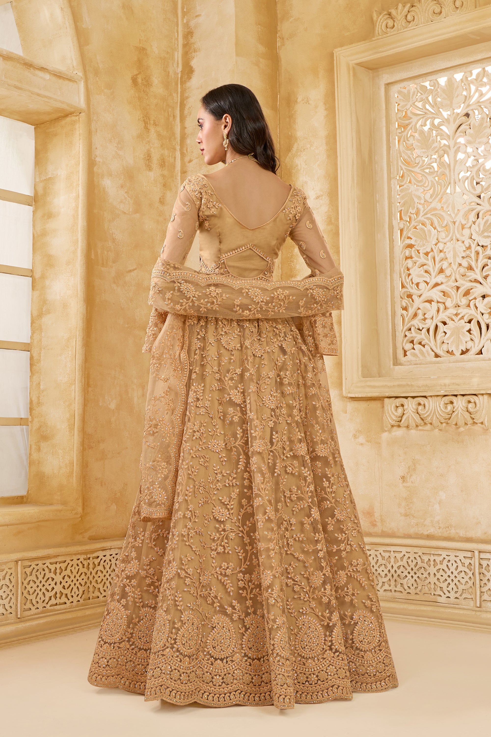 Golden Color Heavy Embroidered Net Lehenga Choli With Dupatta