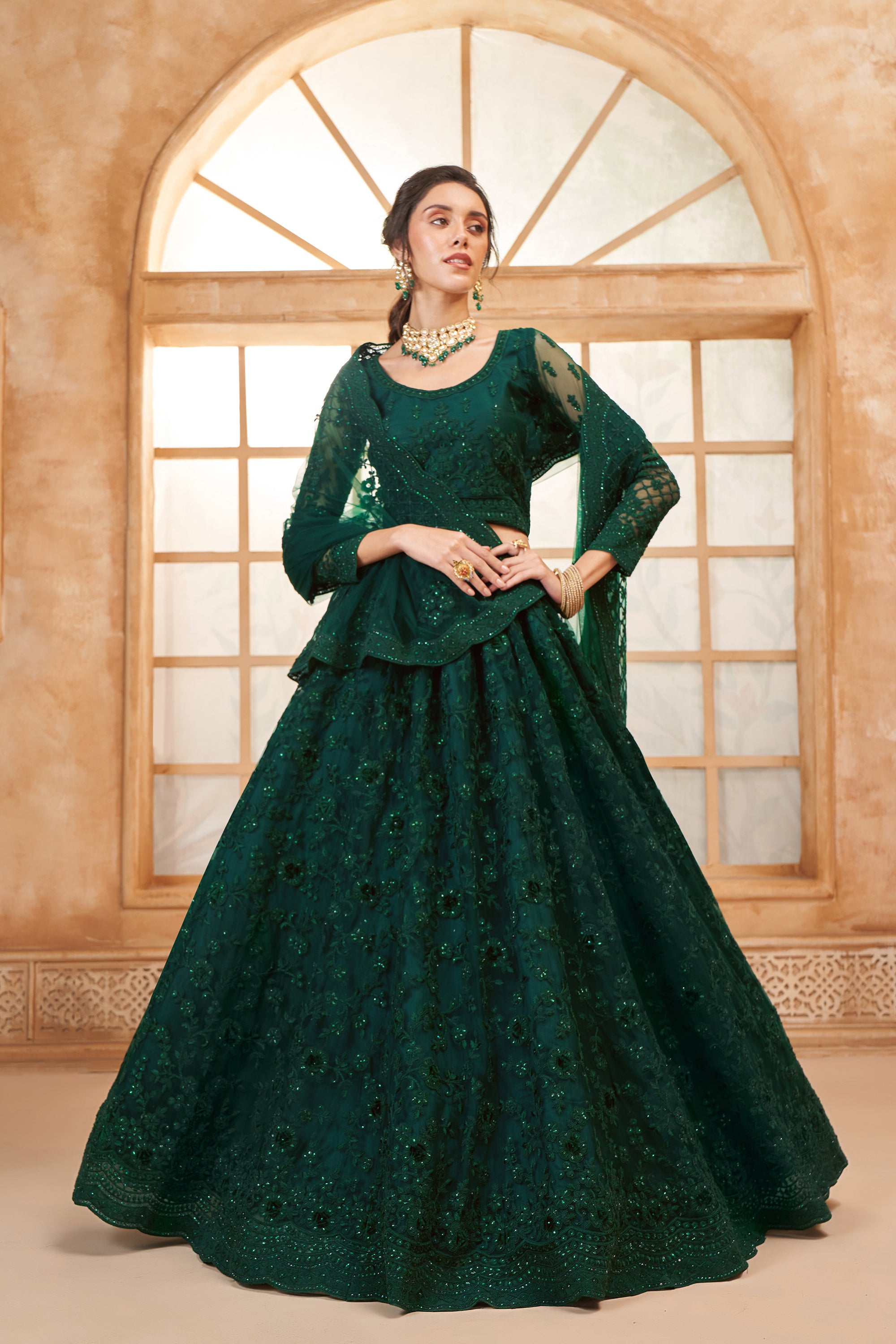 Bottle Green Color Heavy Embroidered Net Lehenga Choli With Dupatta