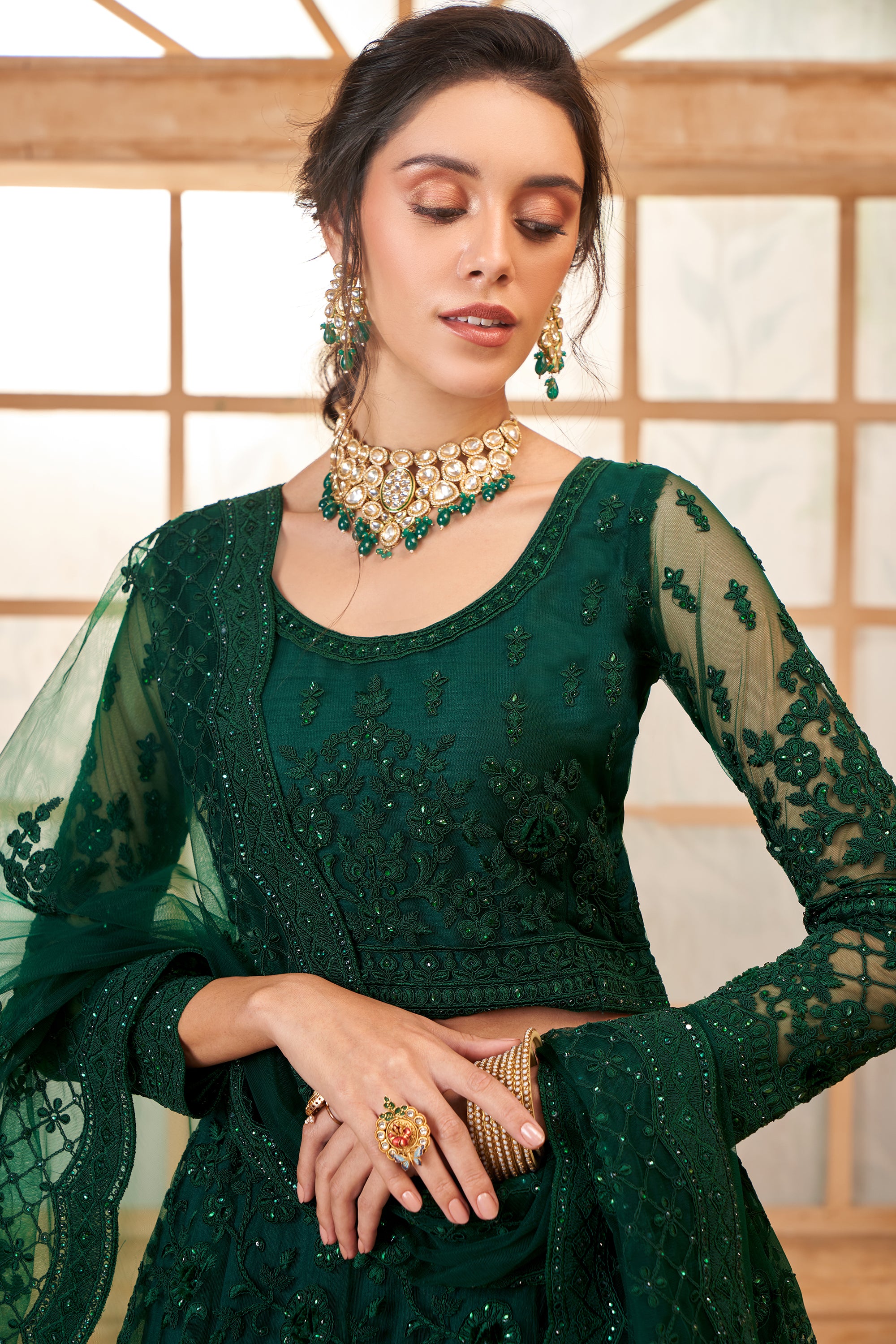 Bottle Green Color Heavy Embroidered Net Lehenga Choli With Dupatta