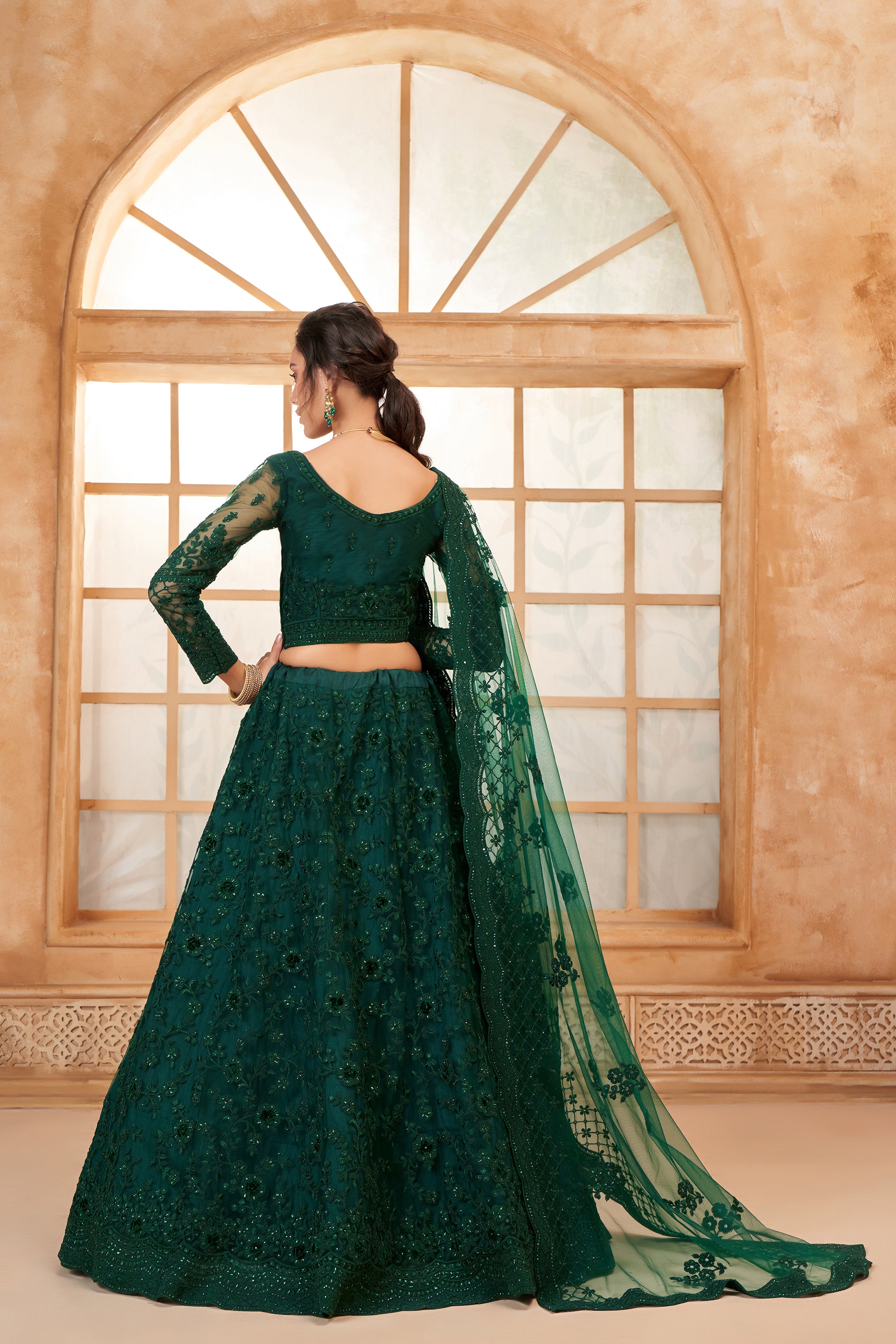 Bottle Green Color Heavy Embroidered Net Lehenga Choli With Dupatta