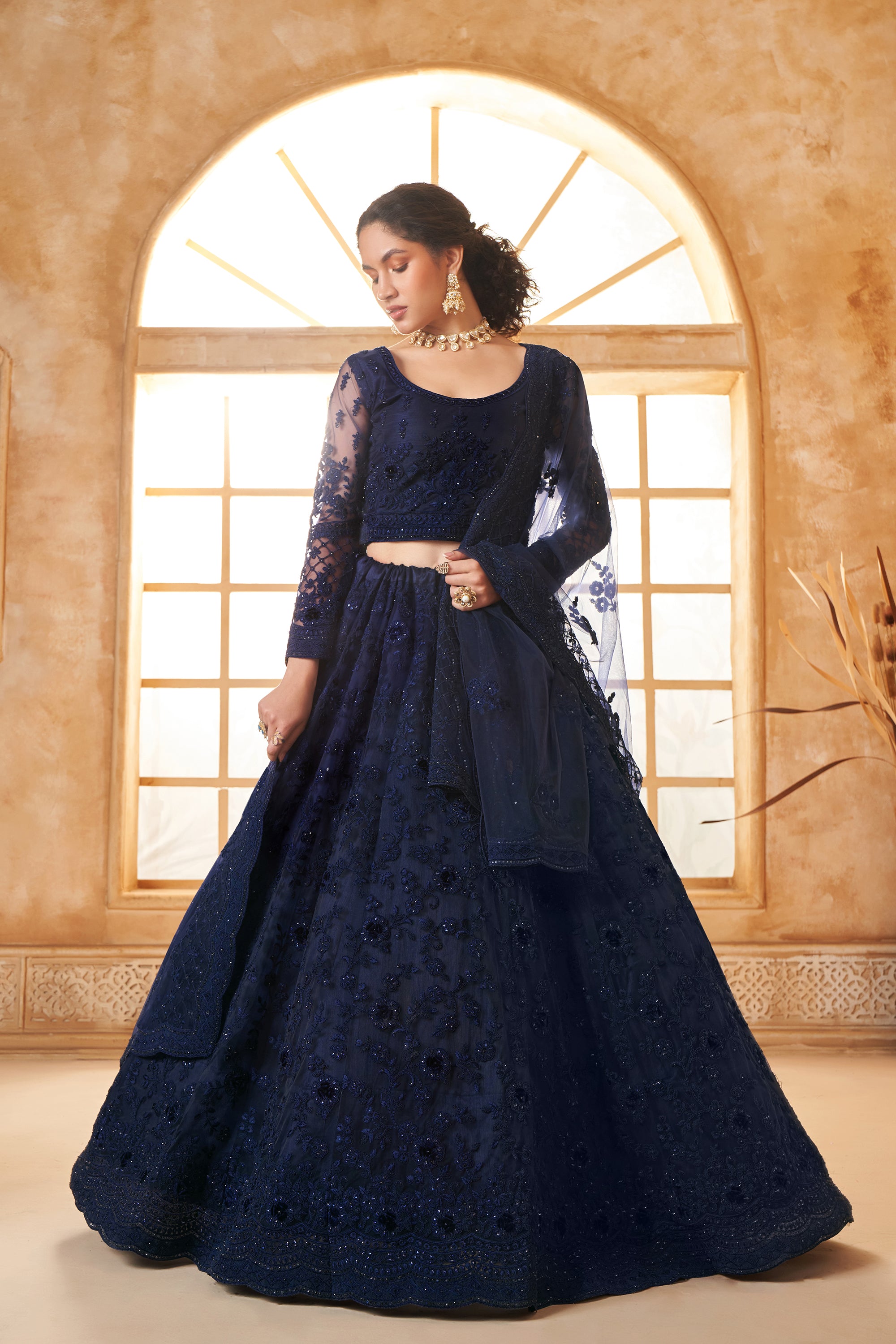 Deep Blue Color Heavy Embroidered Net Lehenga Choli With Dupatta