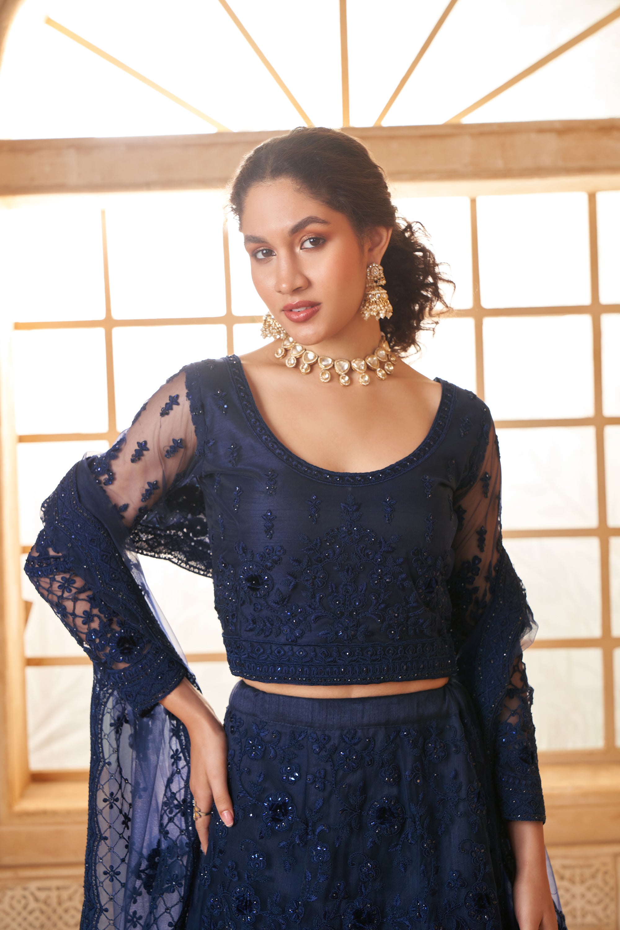 Deep Blue Color Heavy Embroidered Net Lehenga Choli With Dupatta