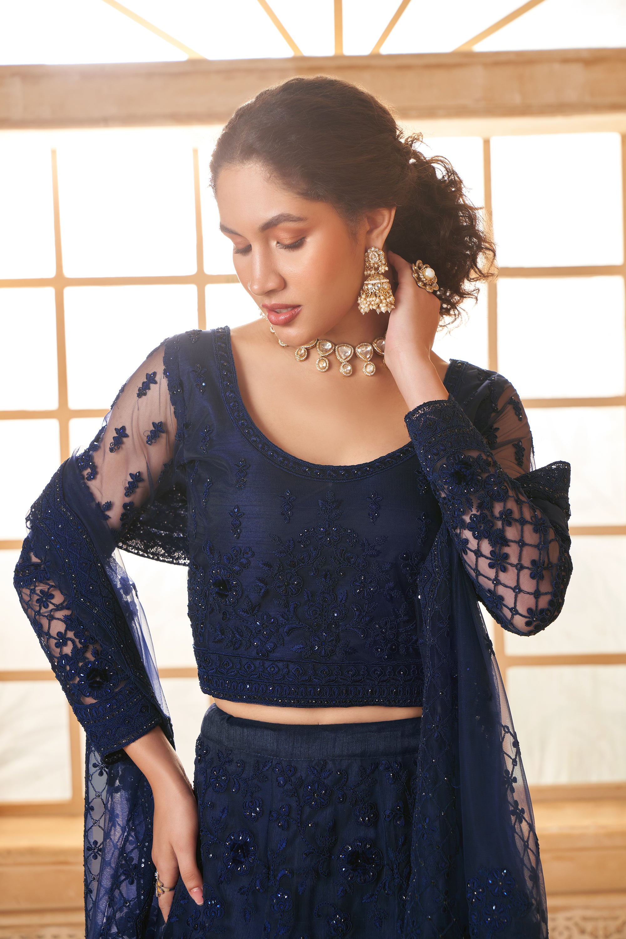 Deep Blue Color Heavy Embroidered Net Lehenga Choli With Dupatta