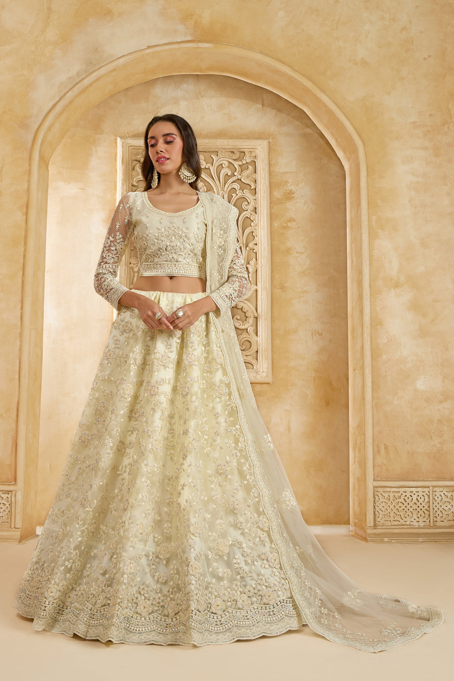 Ivory Color Heavy Embroidered Net Lehenga Choli With Dupatta