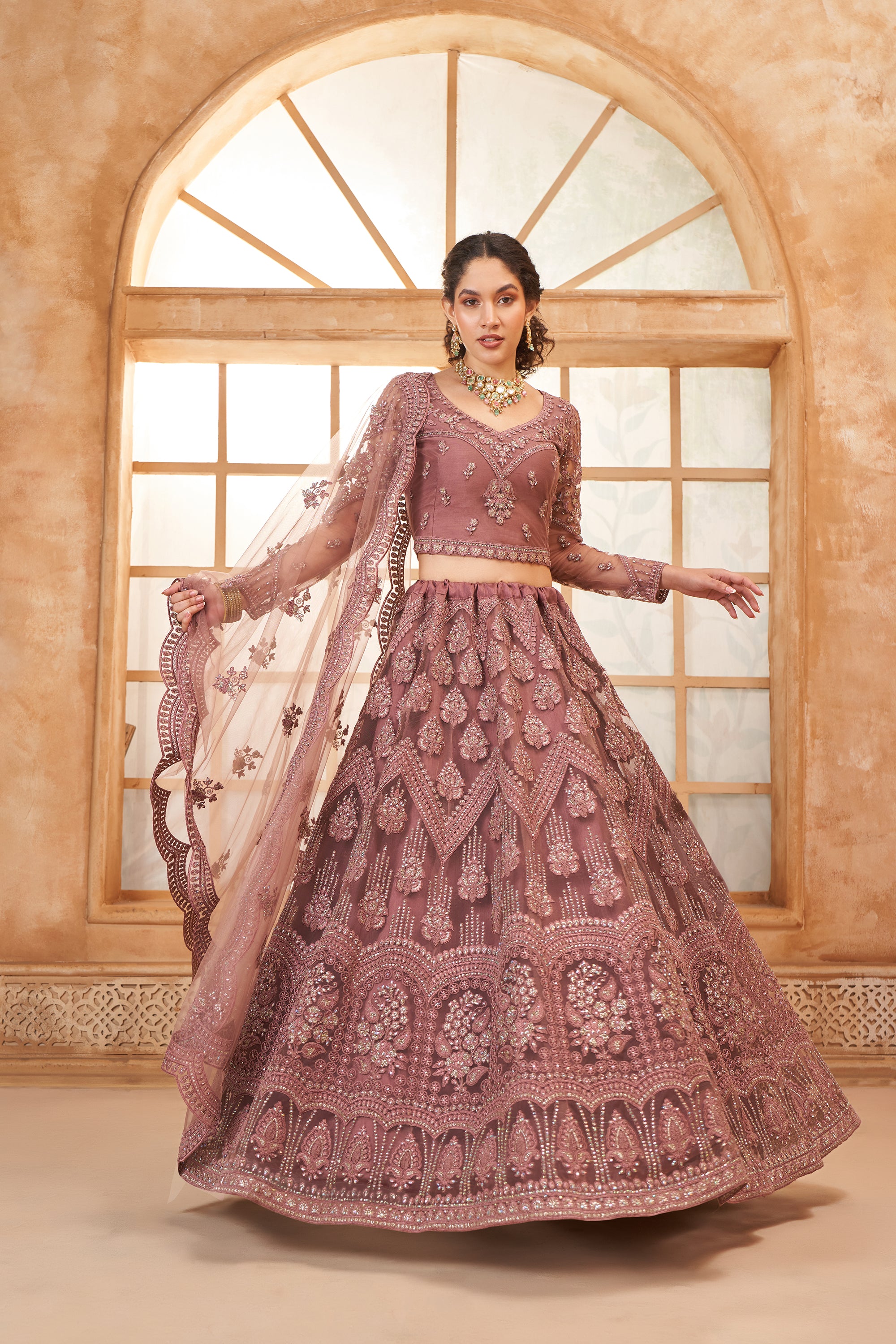 Congo Brown Color Heavy Embroidered Net Lehenga Choli With Dupatta