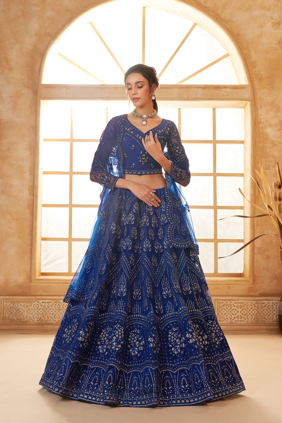 Royal Blue Color Heavy Embroidered Net Lehenga Choli With Dupatta