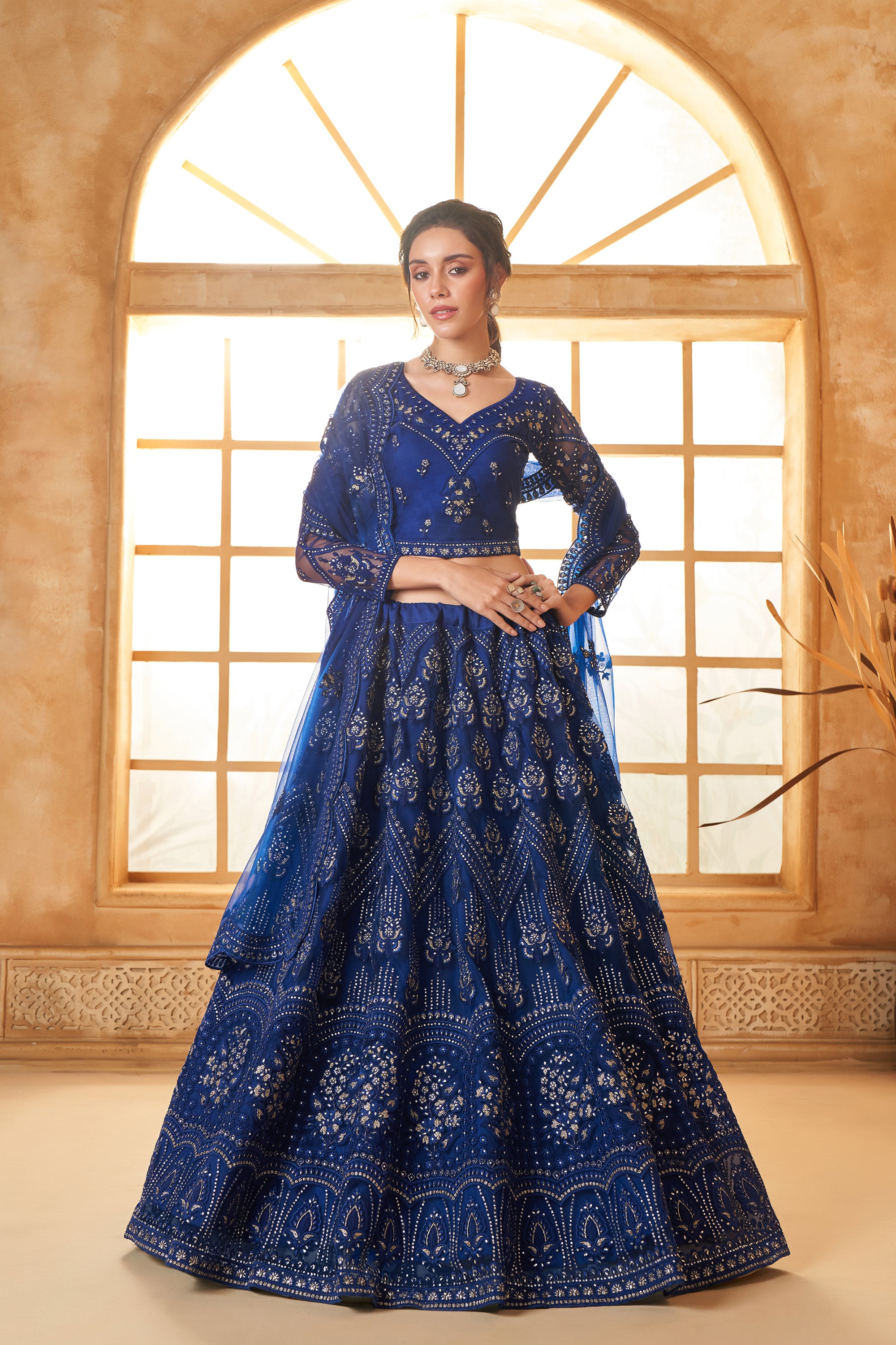 Royal Blue Color Heavy Embroidered Net Lehenga Choli With Dupatta