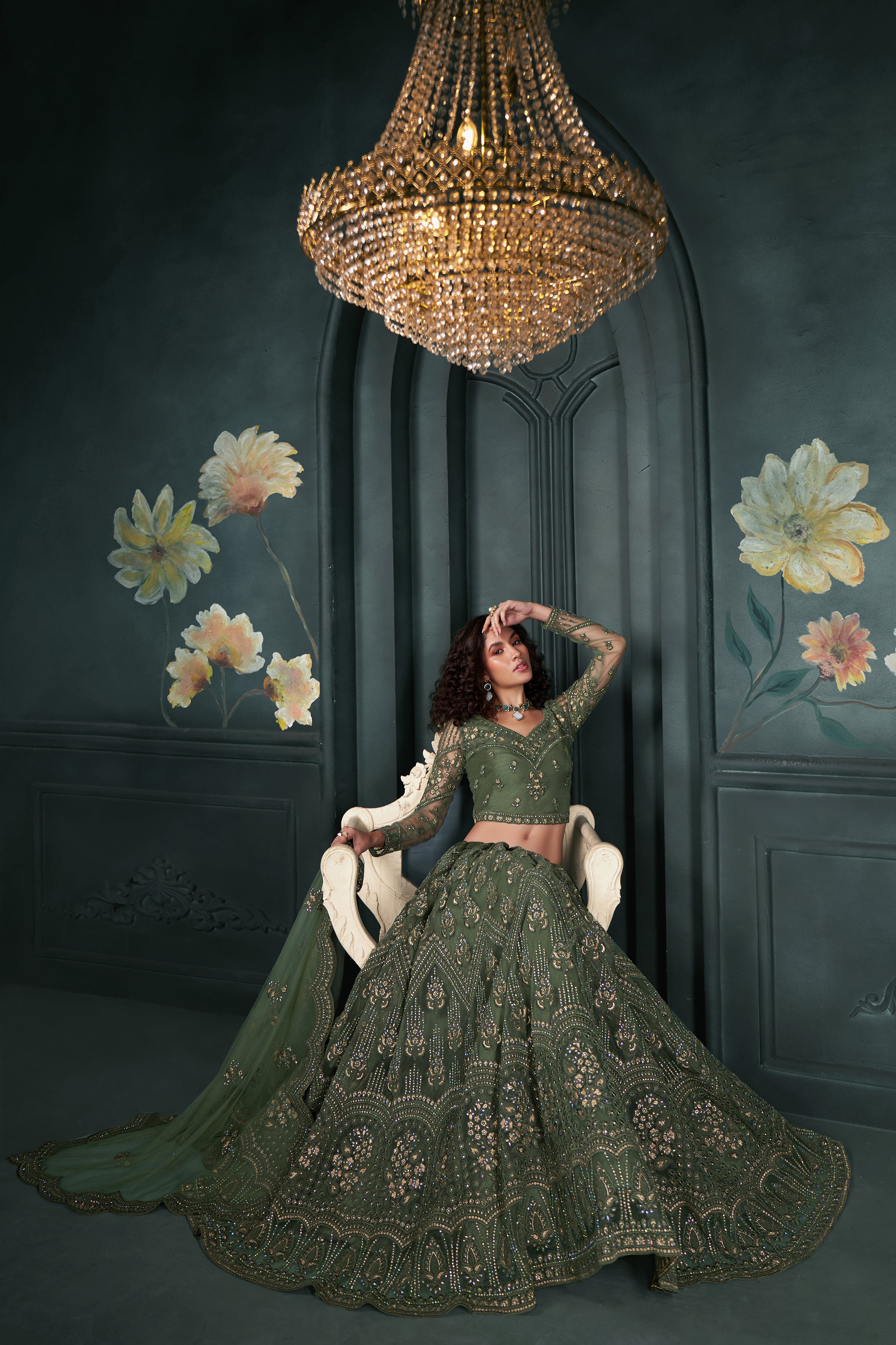 Mehendi Green Heavy Embroidered Bridal Lehenga Choli