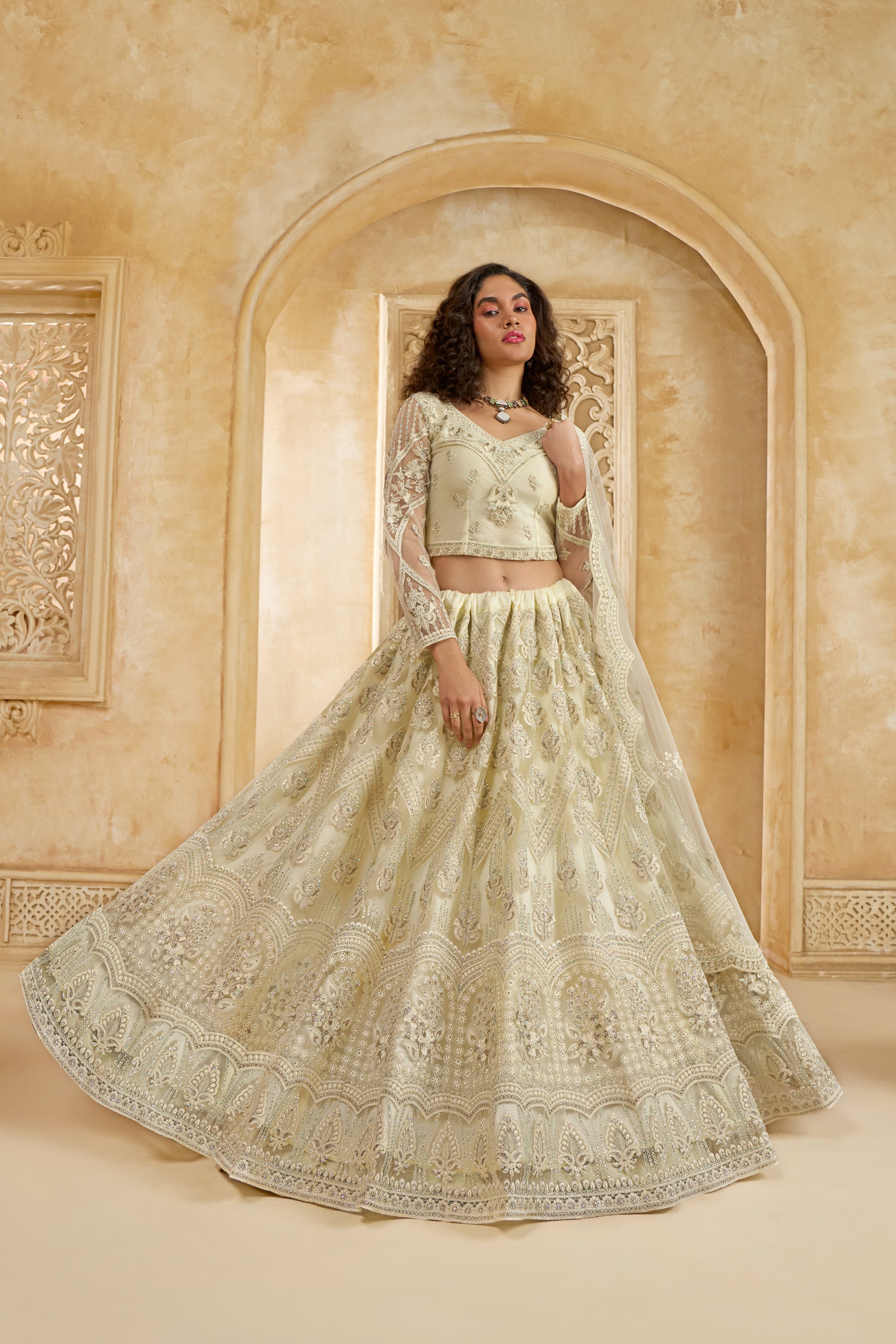 Ivory Color Heavy Embroidered Net Lehenga Choli With Dupatta