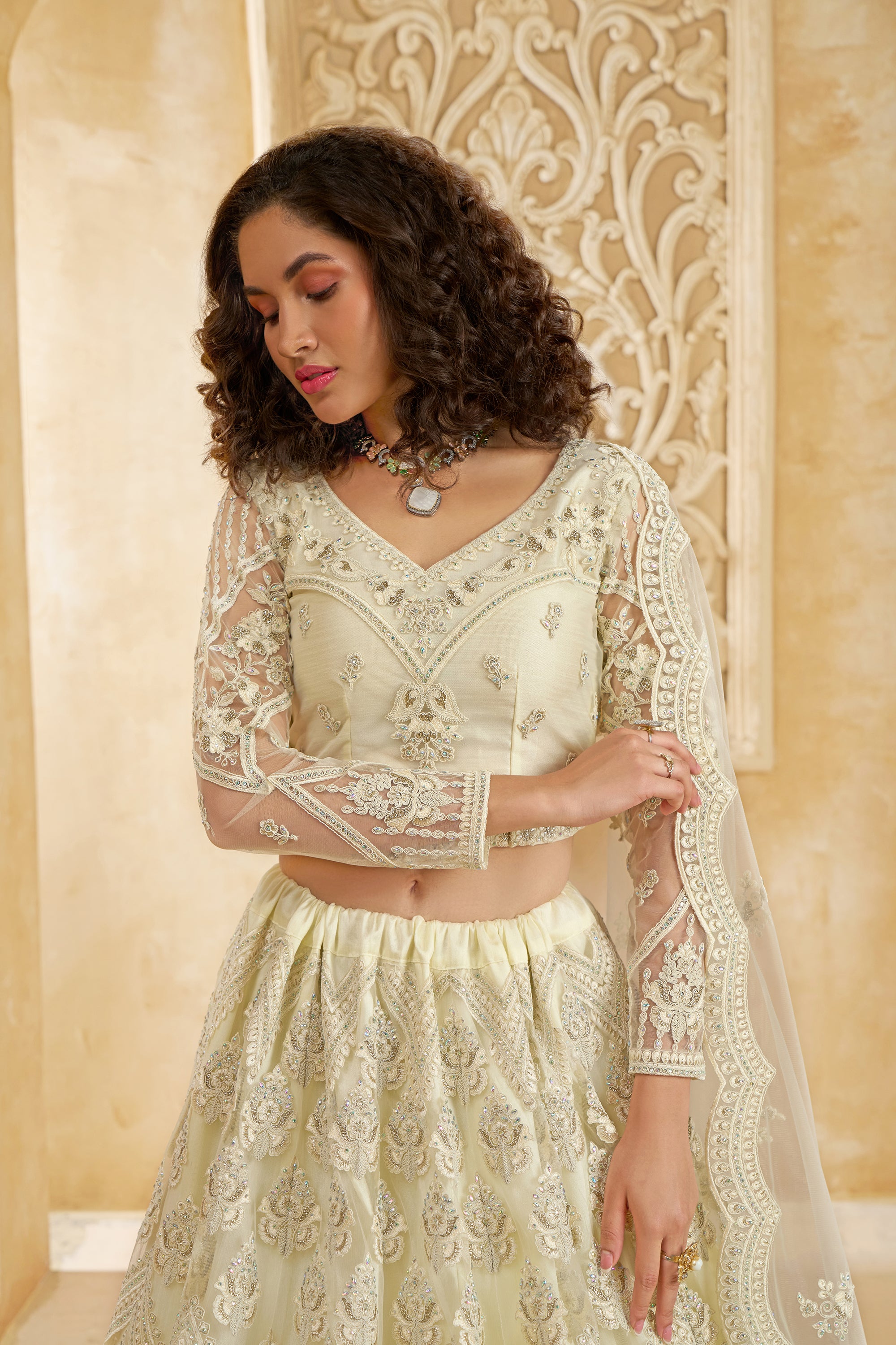 Ivory Color Heavy Embroidered Net Lehenga Choli With Dupatta