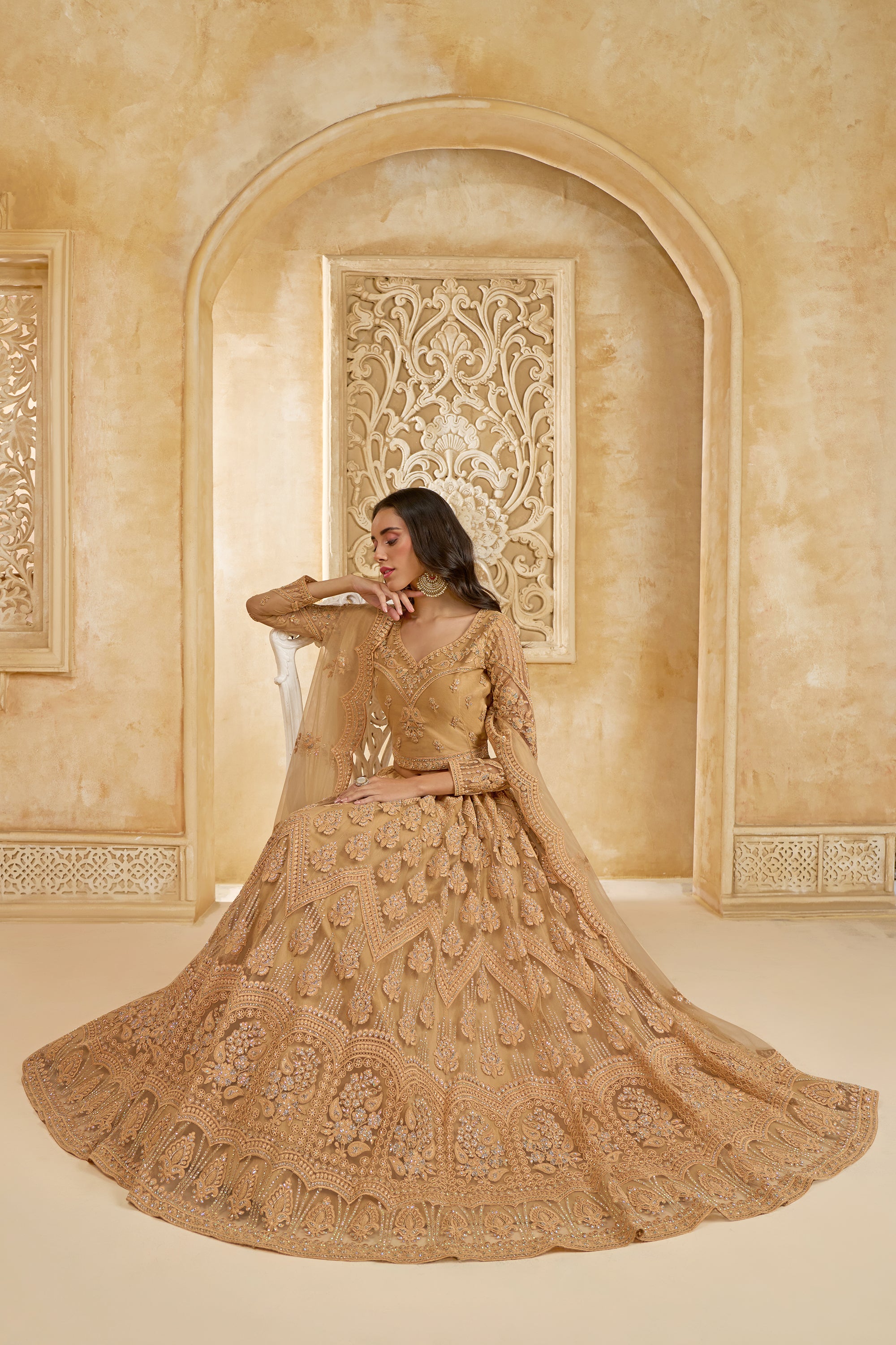 Golden Color Heavy Embroidered Net Lehenga Choli With Dupatta