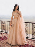 Peach embroidered lehenga set for women showing intricate blouse and skirt with gota patti embroidery with sheer net dupatta