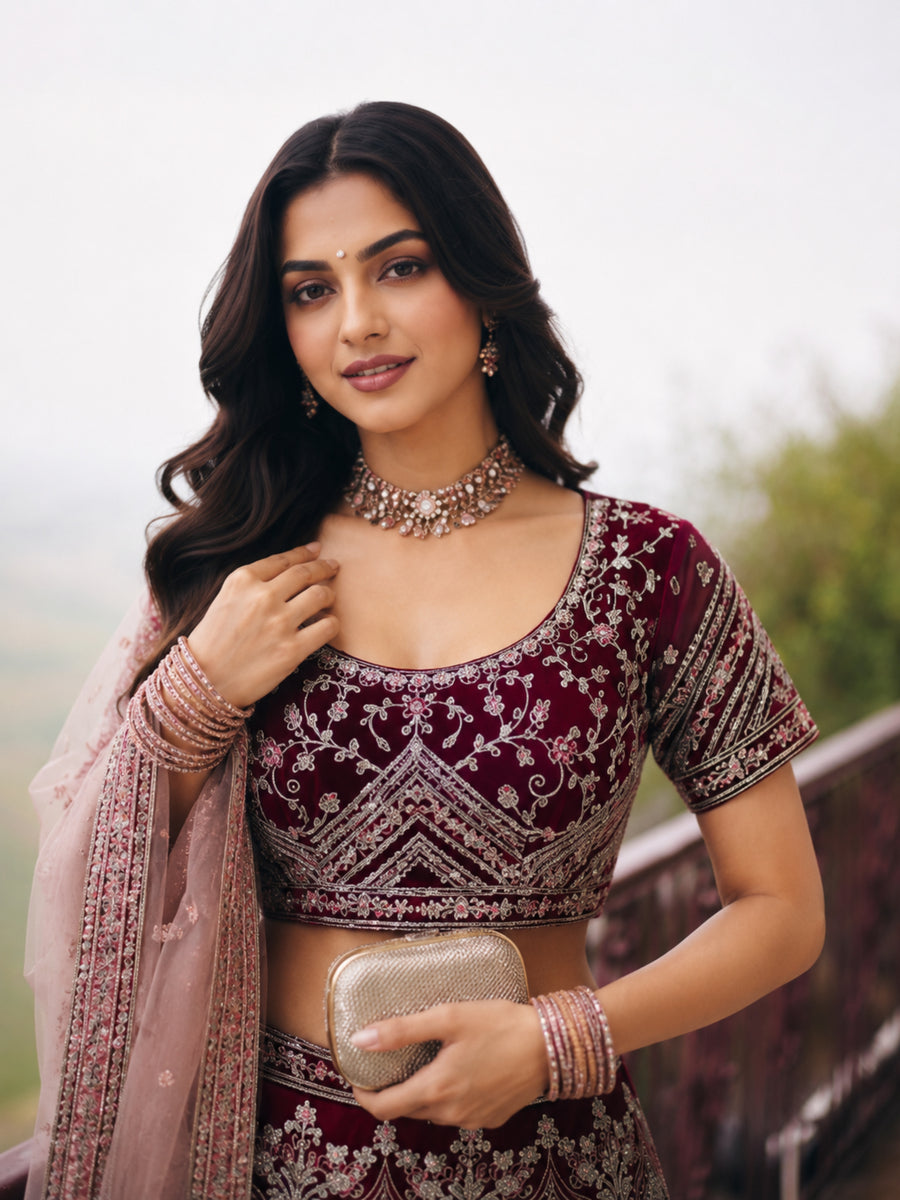Close-up of burgundy embroidered lehenga blouse with intricate floral and geometric detailing