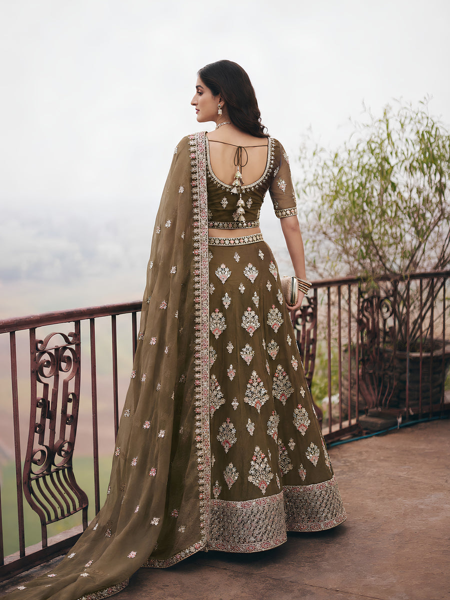 Back view of Marlowe olive green embroidered bridal lehenga with detailed blouse, full skirt and matching dupatta