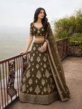 Olive green embroidered bridal lehenga set with detailed blouse, full flared skirt and ornate dupatta