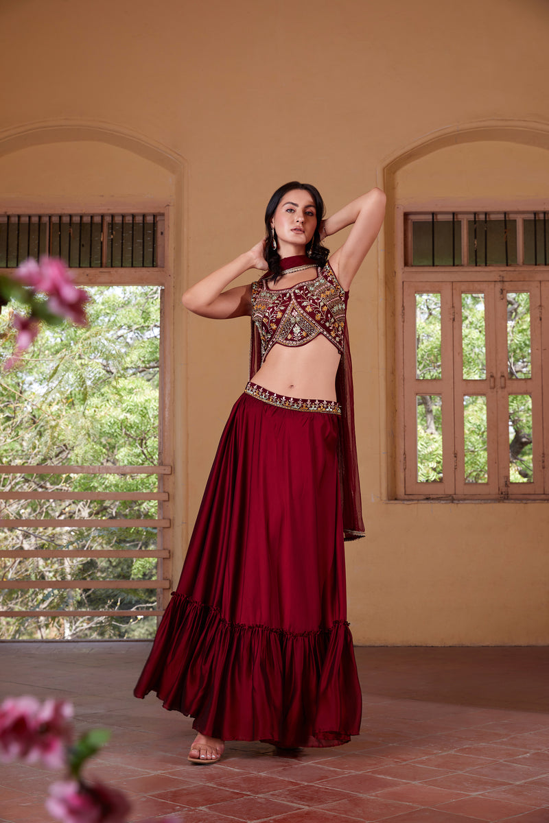 Ruhani Wine Georgette Lehenga