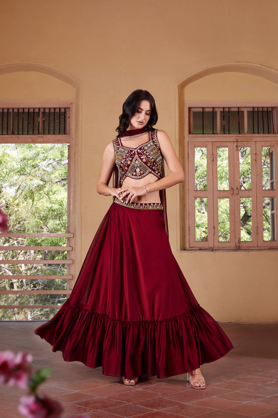 Ruhani Wine Georgette Lehenga