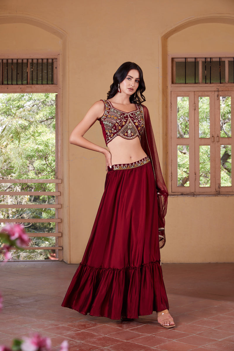 Ruhani Wine Georgette Lehenga