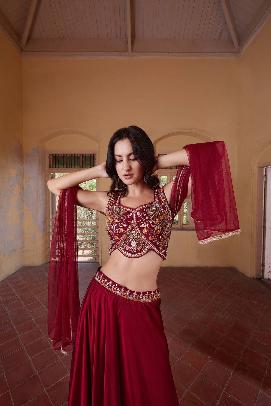 Ruhani Wine Georgette Lehenga