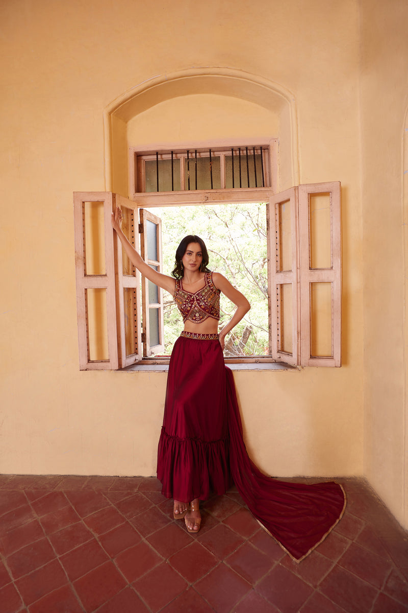 Ruhani Wine Georgette Lehenga