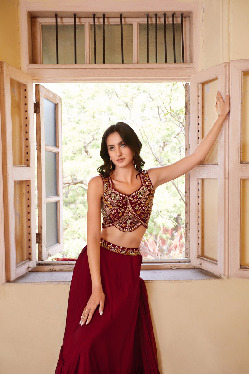 Ruhani Wine Georgette Lehenga