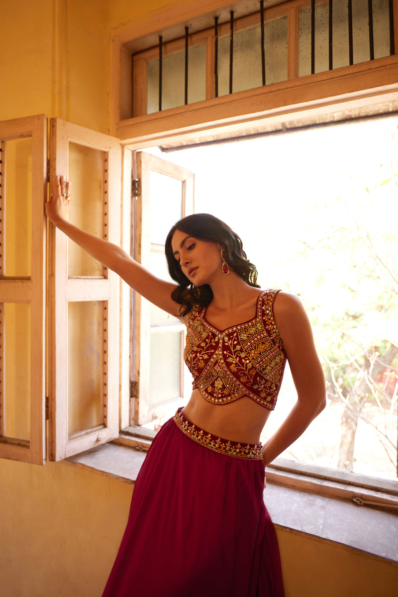 Ruhani Wine Georgette Lehenga