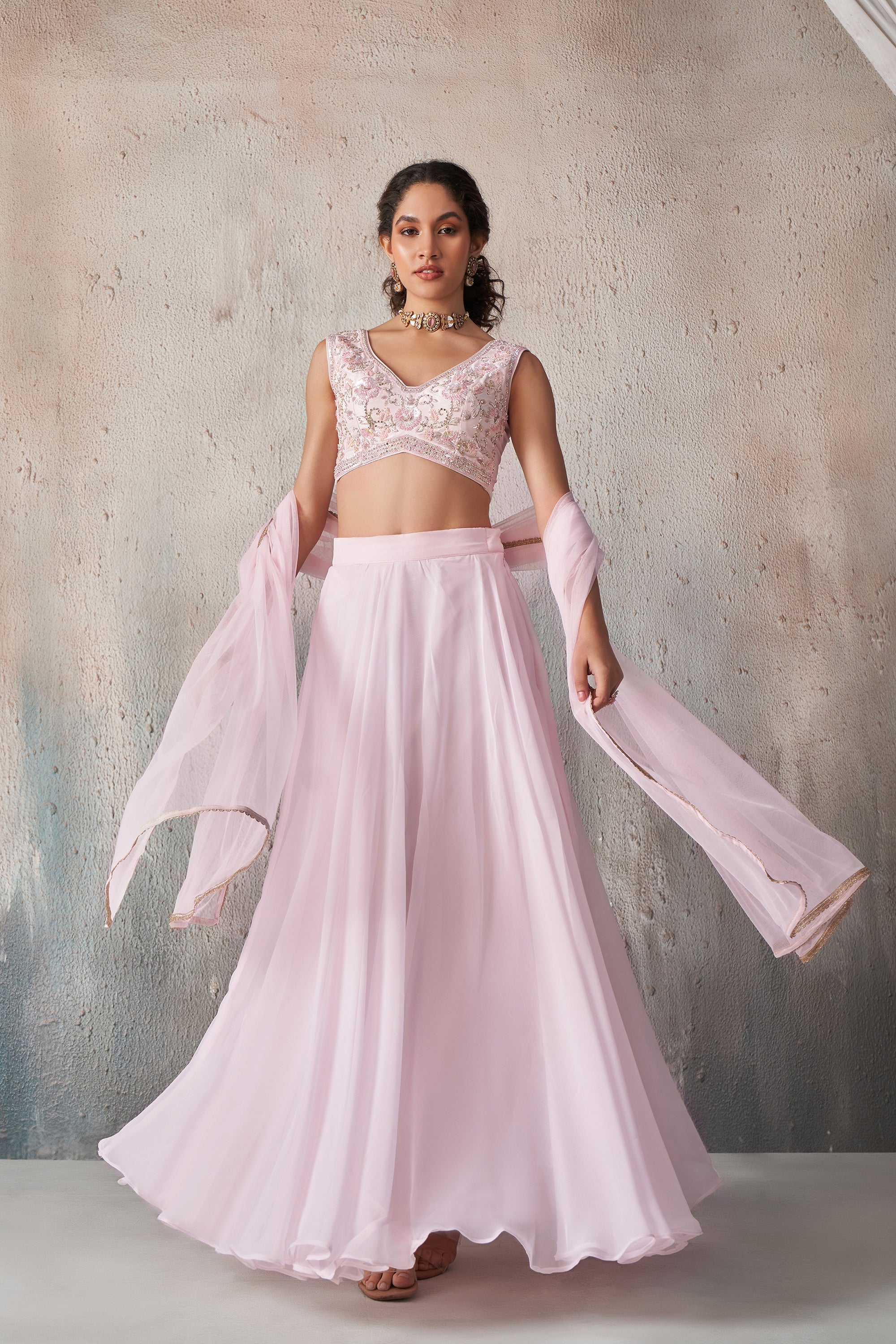 Pink Georgette Khatli Work Lehenga Set