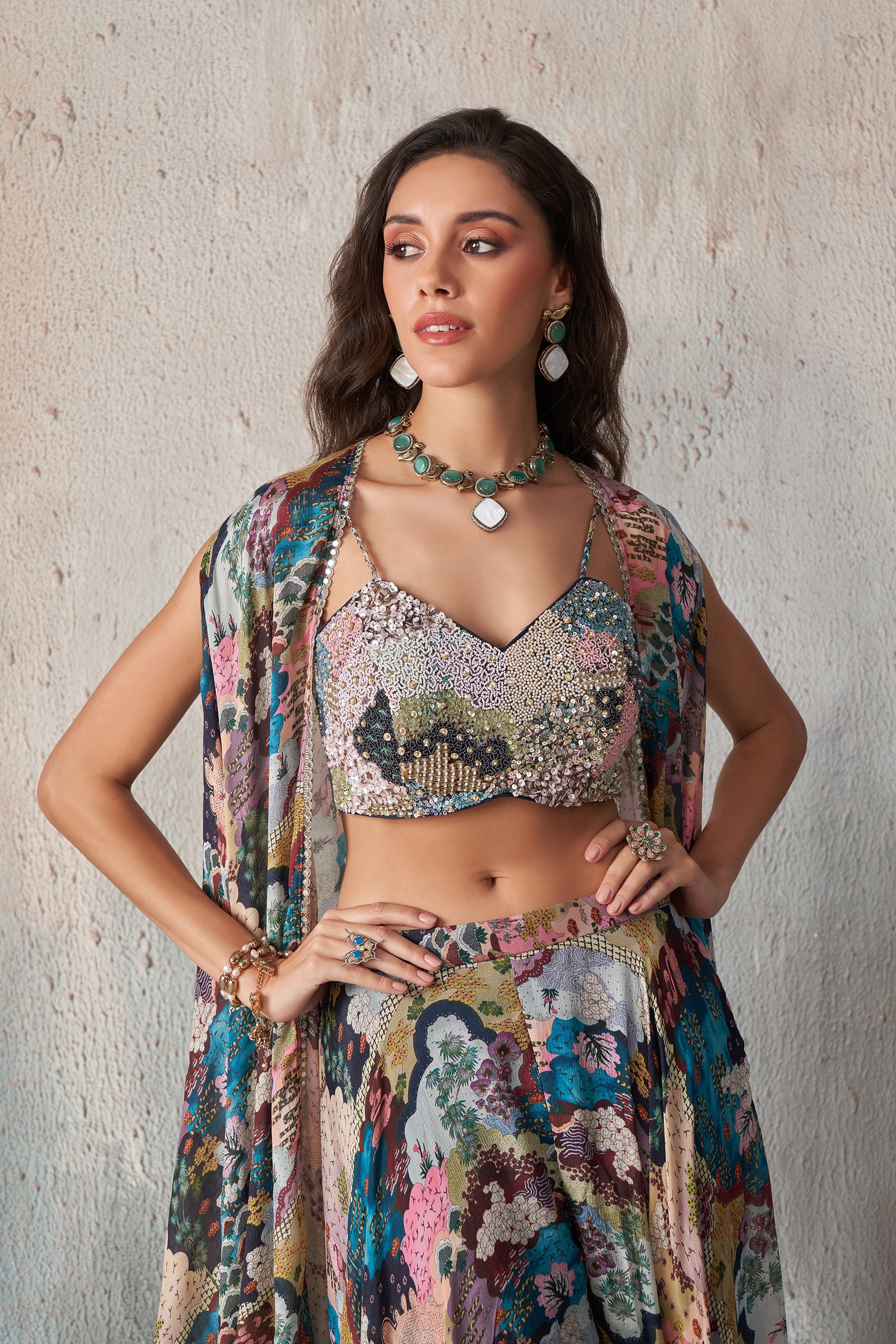 Chinnon Printed Khatli Work Blouse Palazzo Set